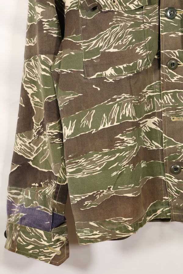 Mid-1960s Okinawa Tiger Pattern Tiger Stripe Asian Cut Shirt, sleeve refurbished, button missing, used.
