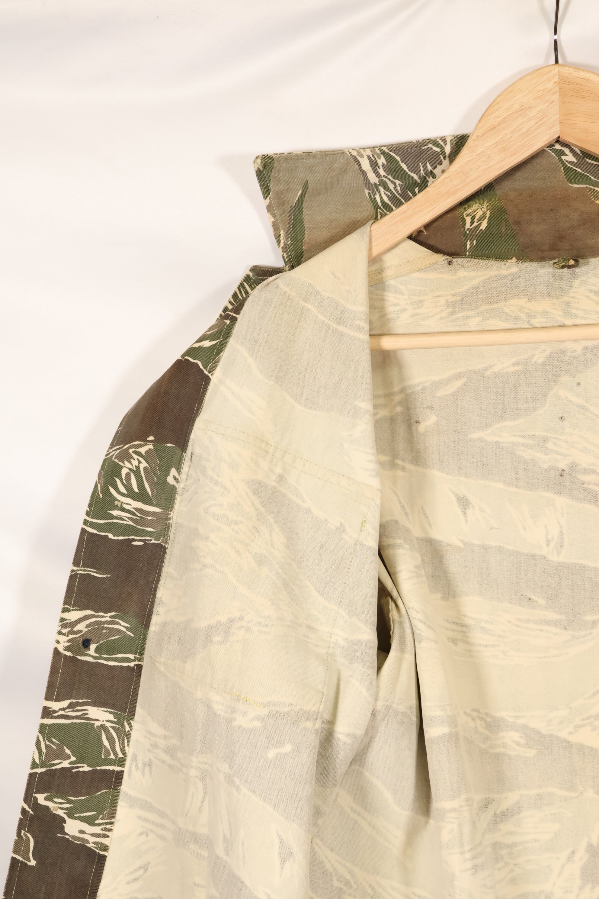 Mid-1960s Okinawa Tiger Pattern Tiger Stripe Asian Cut Shirt, sleeve refurbished, button missing, used.