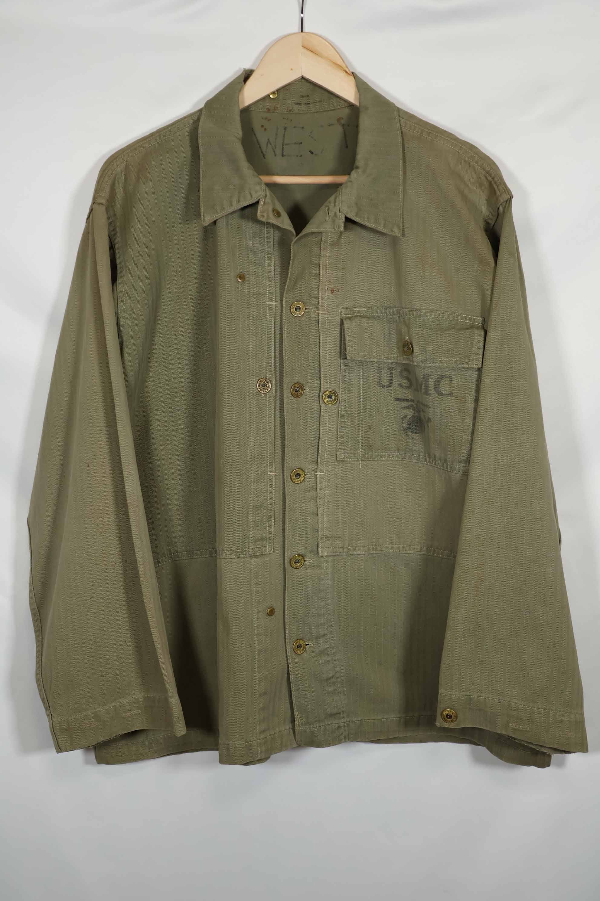 Real U.S. Marine Corps USMC P-44 HBT Utility Jacket, soiled, used.