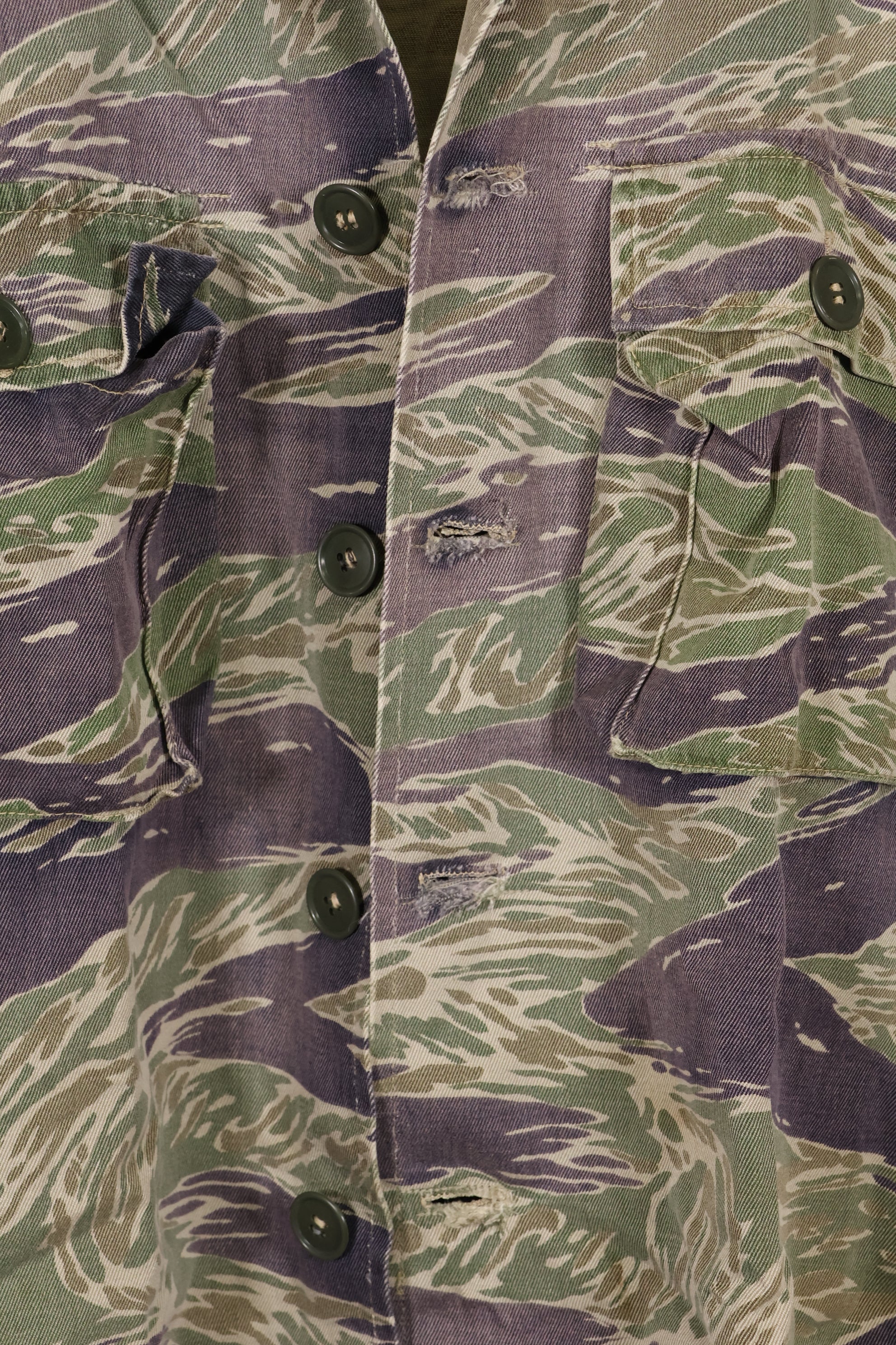 Mid-1960s, estimated A-XL Silver Tiger Tiger stripe shirt, faded, used.