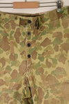 1940s WWII USMC P-44 Frogskin camouflage duck hunter pants, repaired, used.