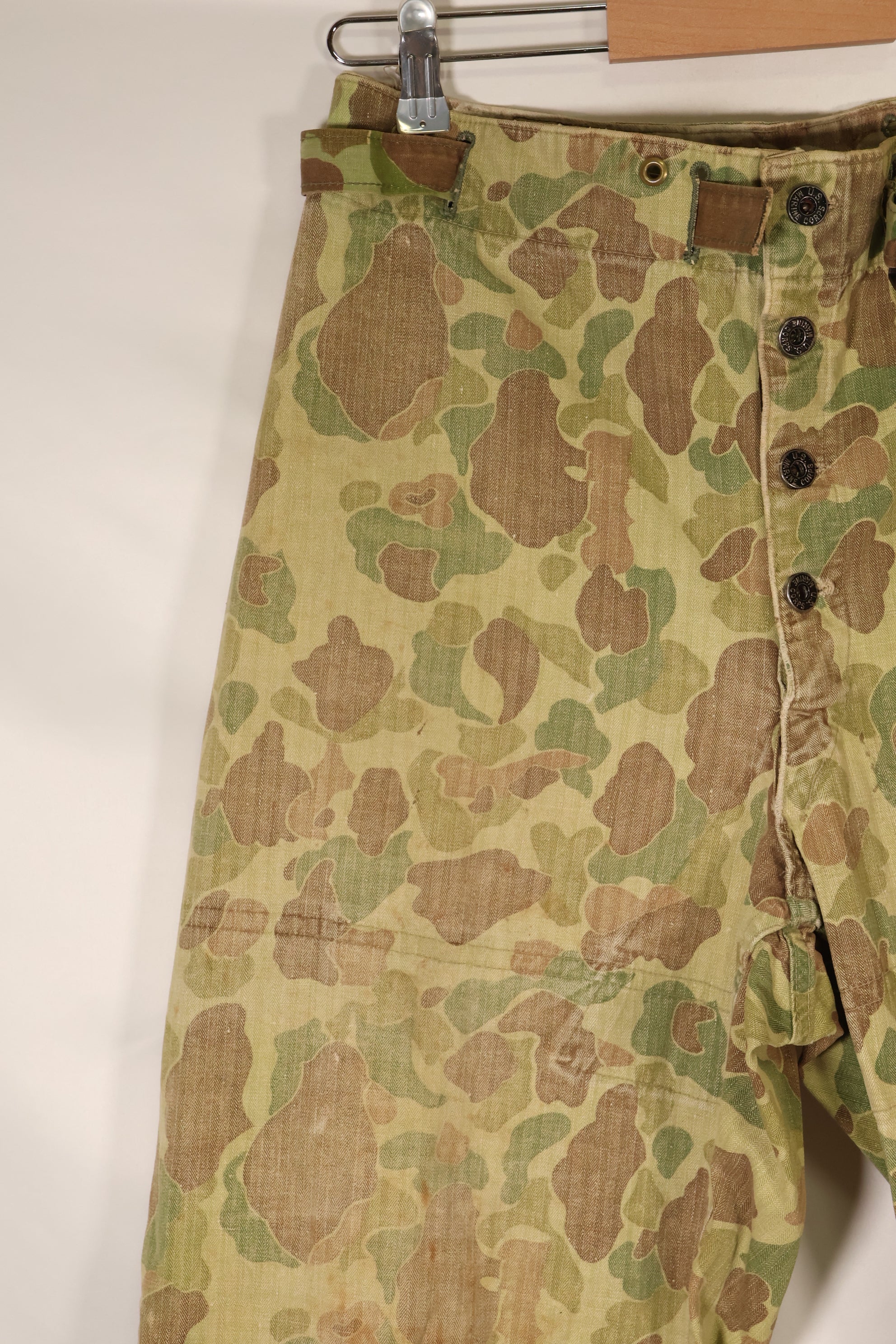 1940s WWII USMC P-44 Frogskin camouflage duck hunter pants, repaired, used.