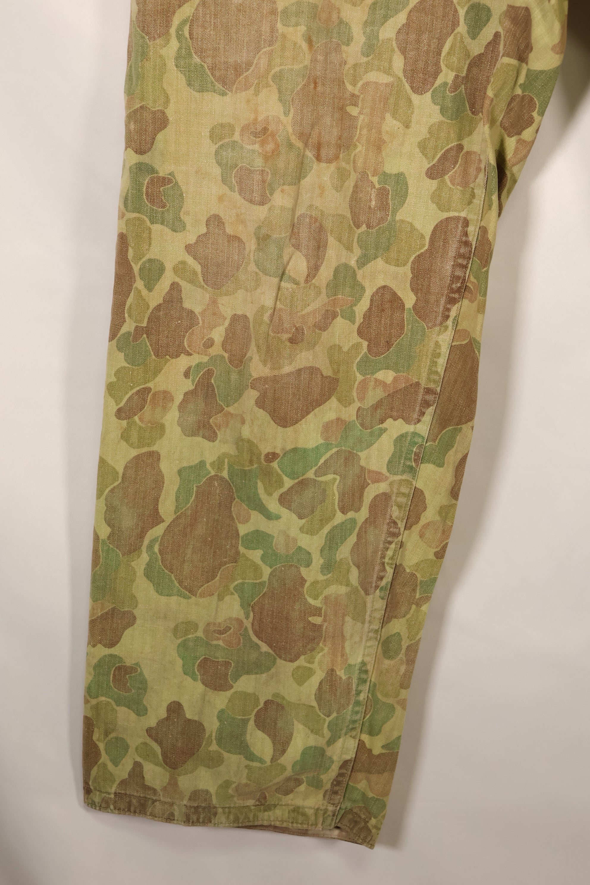 1940s WWII USMC P-44 Frogskin camouflage duck hunter pants, repaired, used.