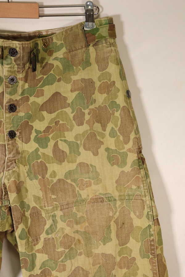 1940s WWII USMC P-44 Frogskin camouflage duck hunter pants, repaired, used.