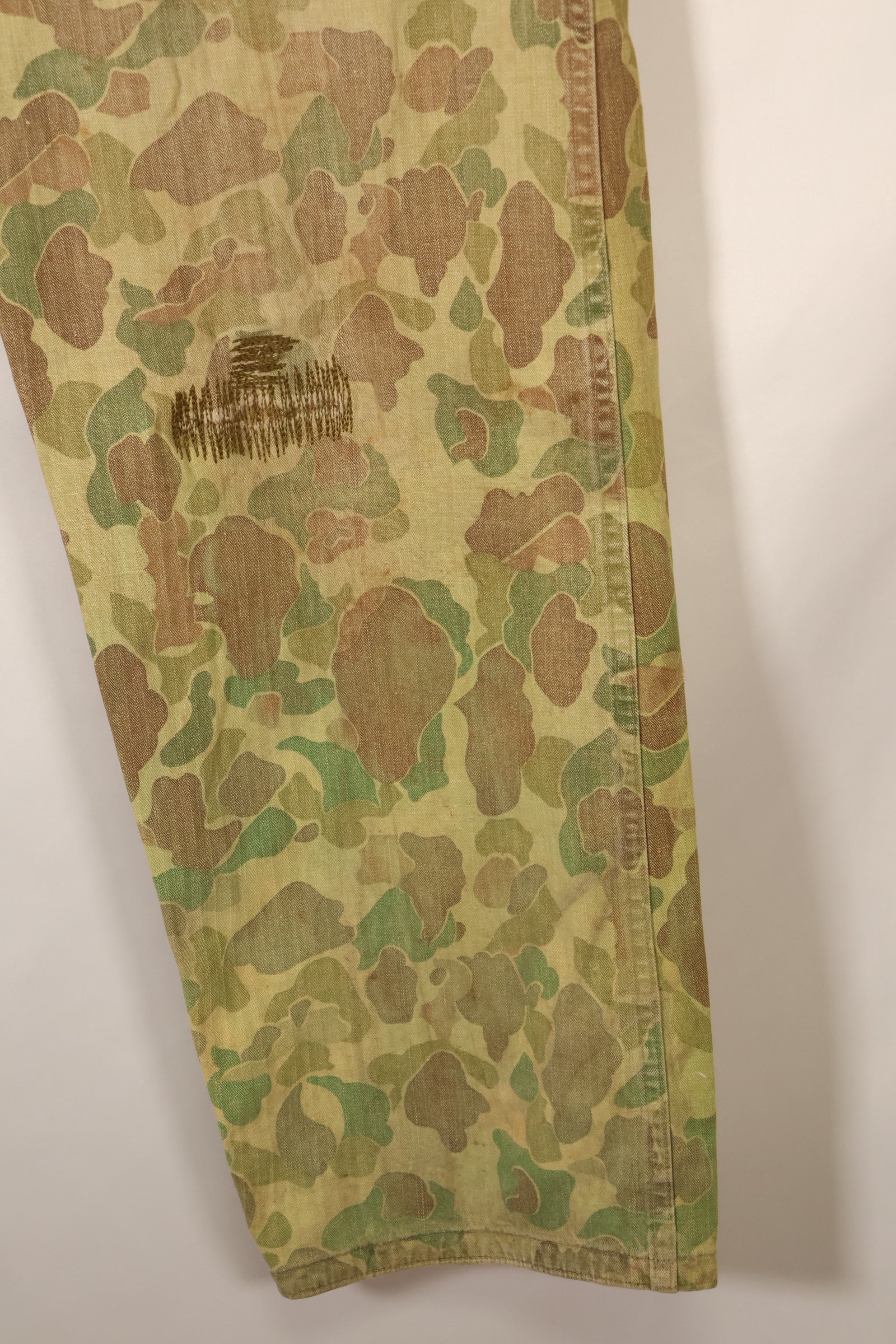 1940s WWII USMC P-44 Frogskin camouflage duck hunter pants, repaired, used.
