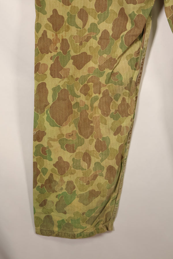 1940s WWII USMC P-44 Frogskin camouflage duck hunter pants, repaired, used.