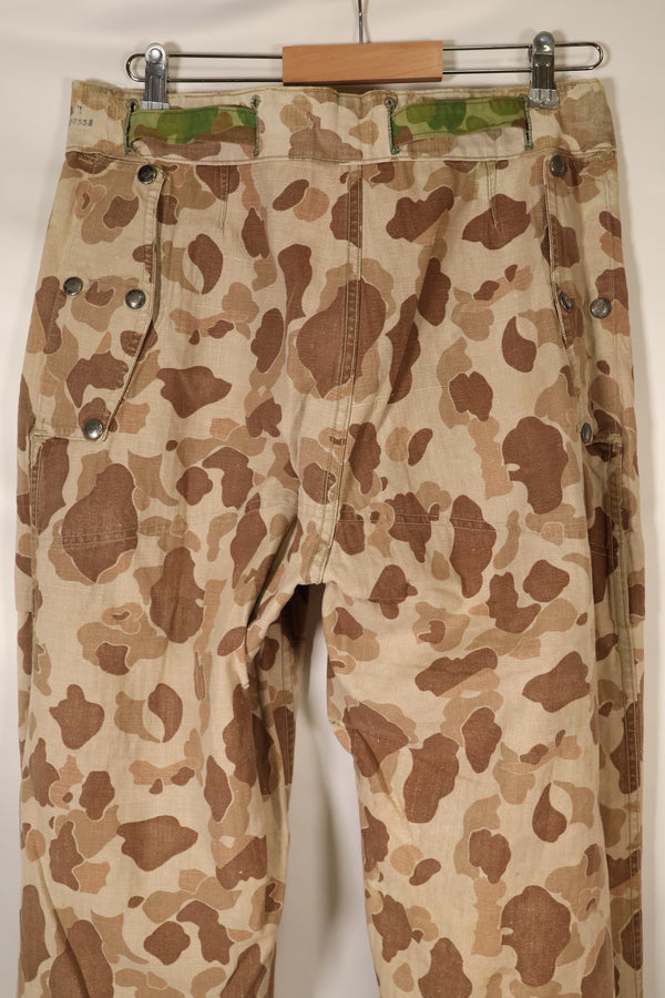 1940s WWII USMC P-44 Frogskin camouflage duck hunter pants, repaired, used.