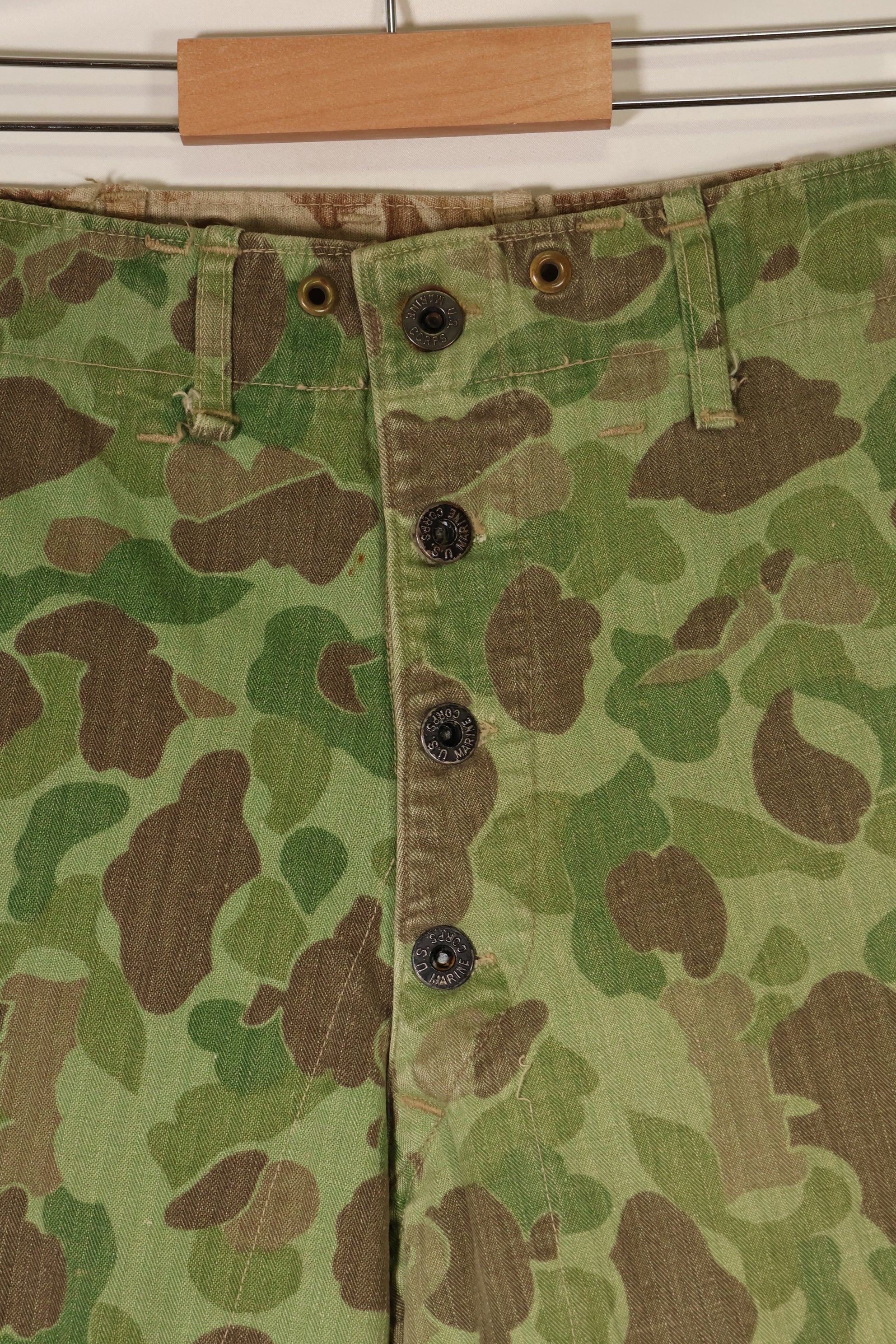 1940s WWII USMC P-44 Frogskin Camouflage Pants, Good Condition, Some Fading, Used