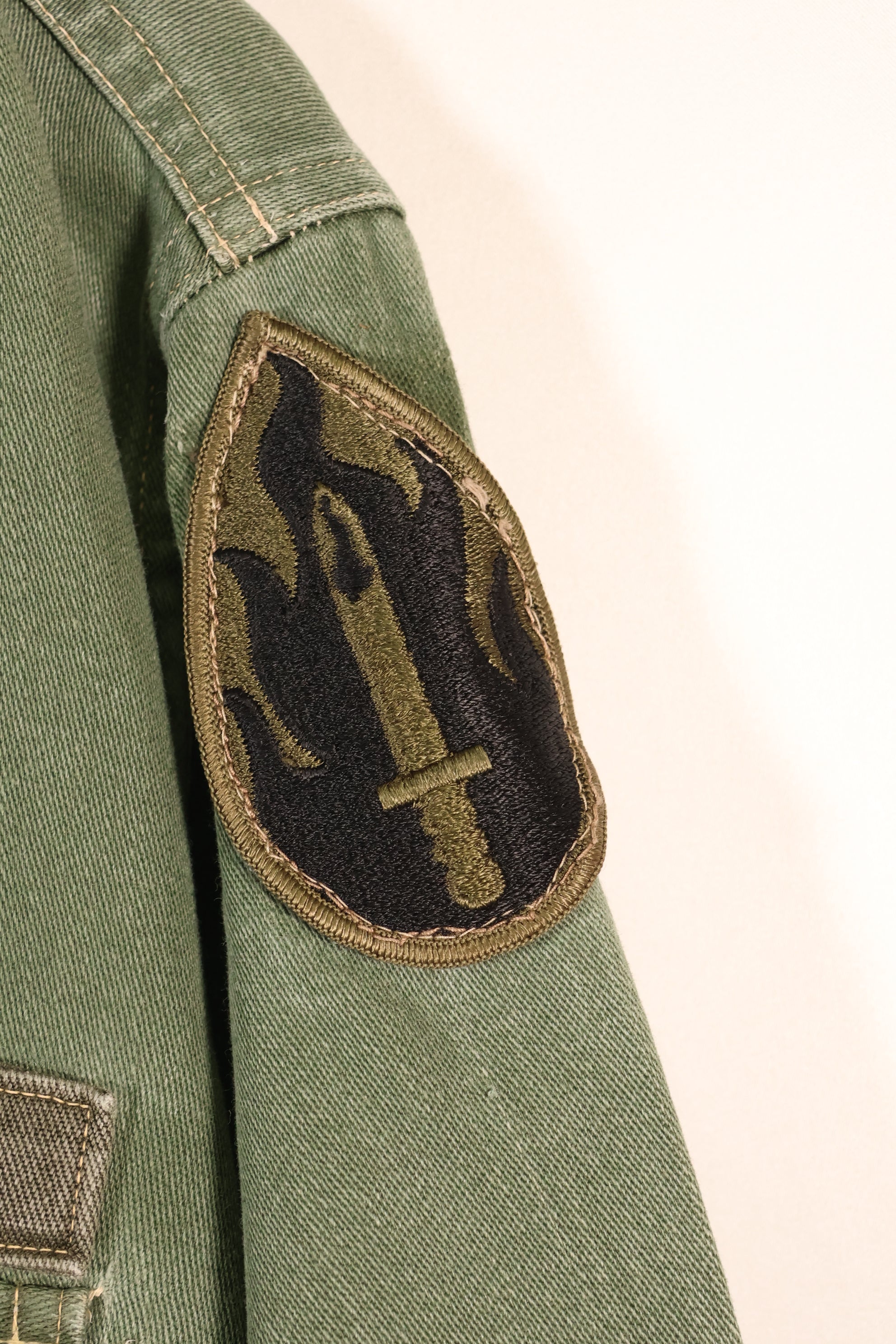 1960s, Estimated Size: SMALL, OG-107 Utility Shirt with Patches, Used