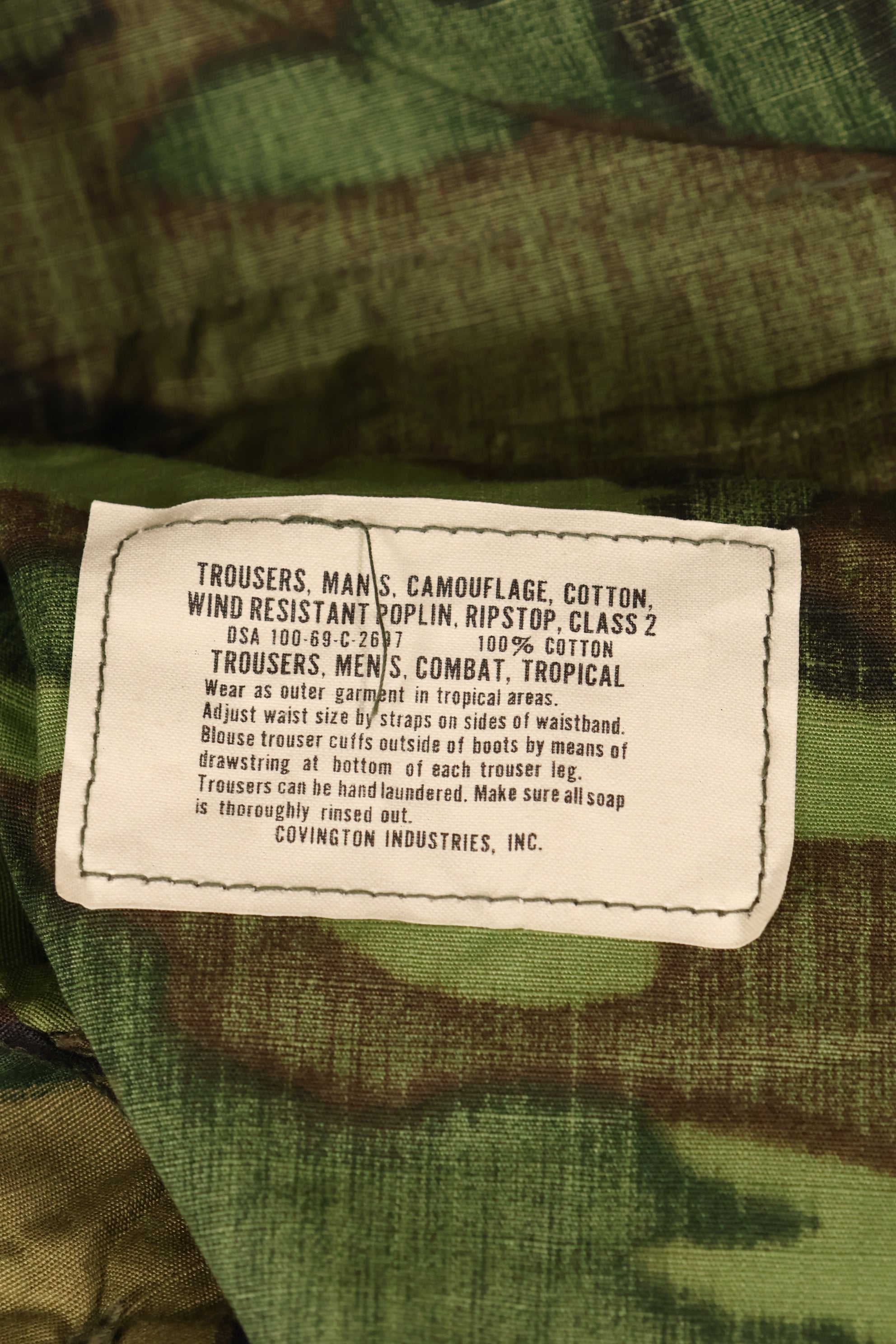 1969 Contract, S-R, Virtually Unused, ERDL Green Leaf Camo Fatigue Pants, Zipper Damaged