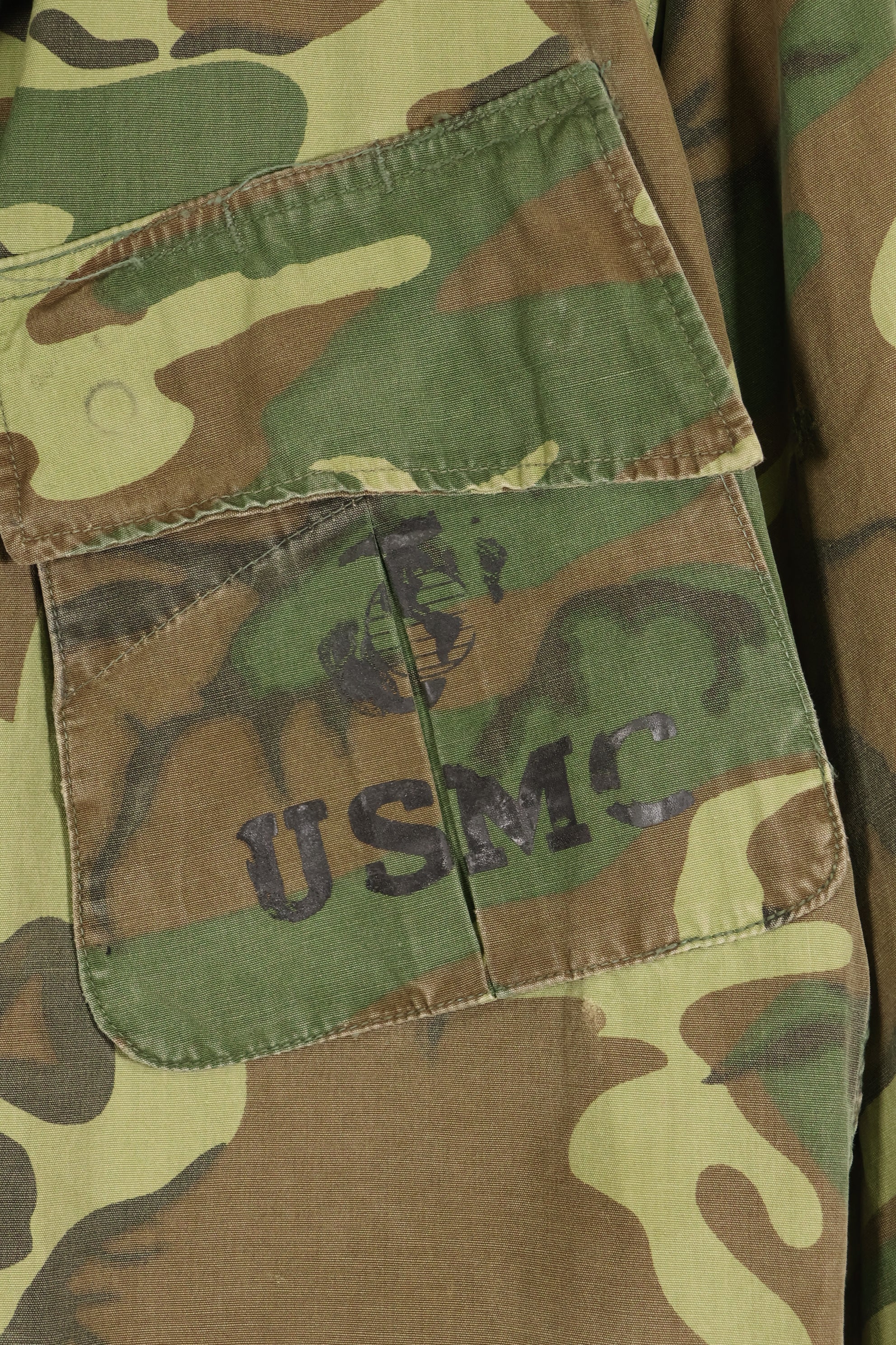 Contract circa 1967, size tag missing, early print, USMC non-rip ERDL jungle fatigues jacket, used