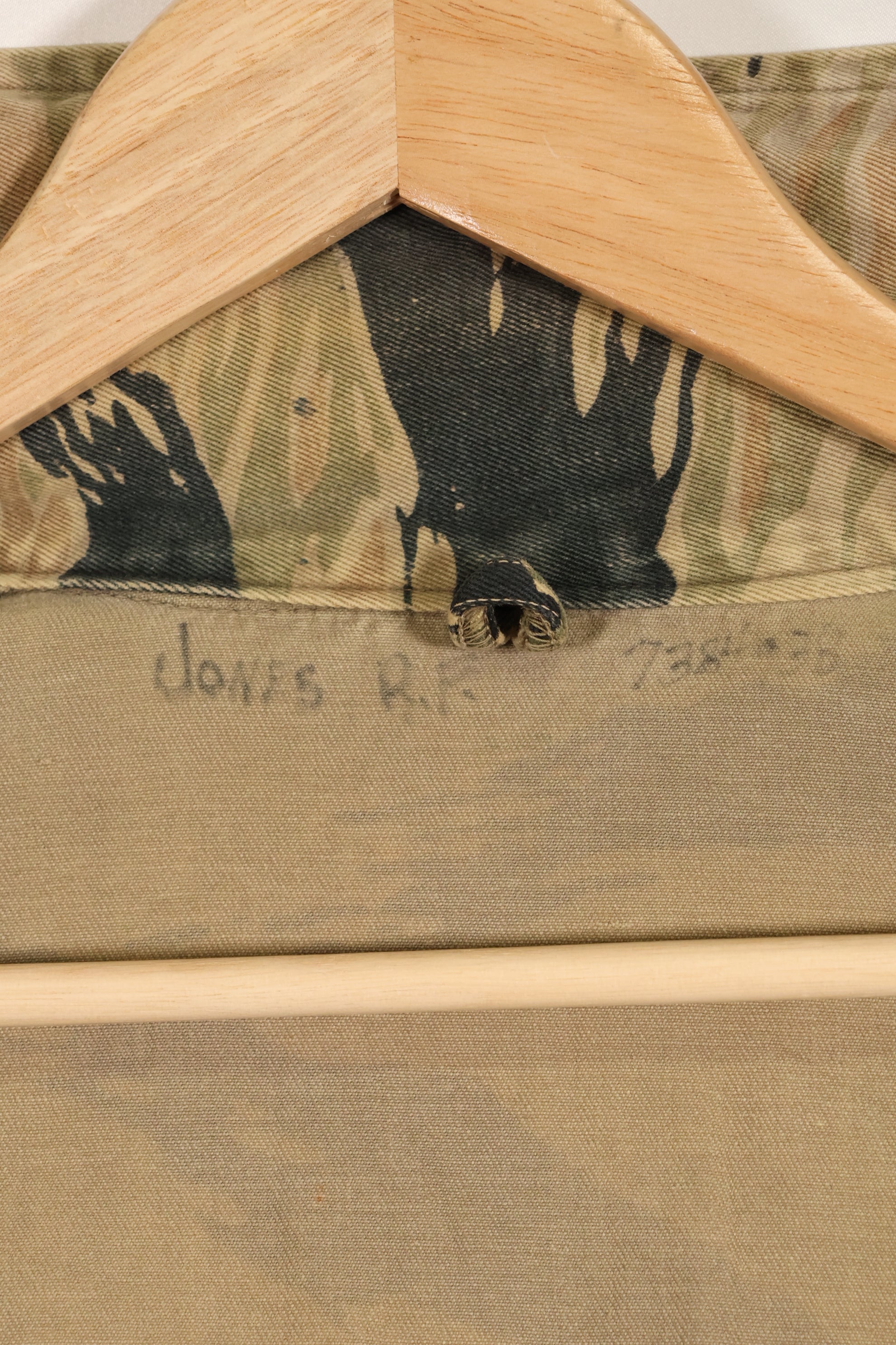 Estimated late 1960s-1970s locally made tiger stripe shirt, used.