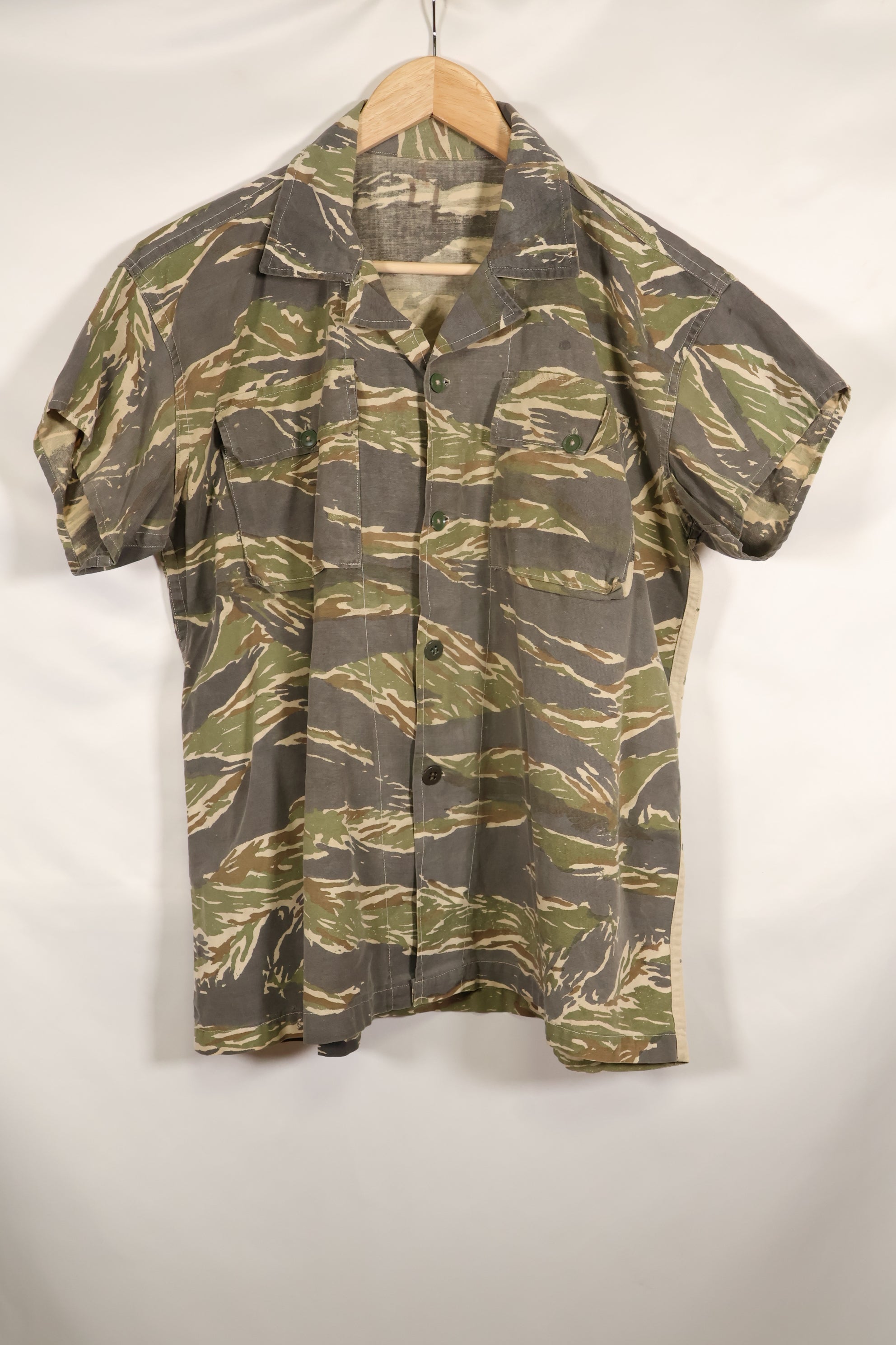 Estimated 1970s locally made tiger stripe short sleeve shirt, used.