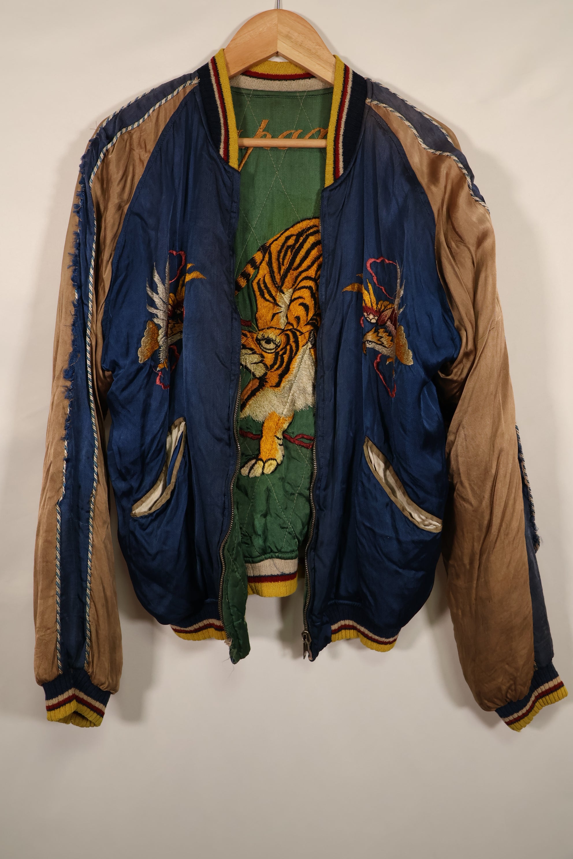 Real early 1950's Japan Jacket, rare embroidery, with piping, used, zipper damaged.