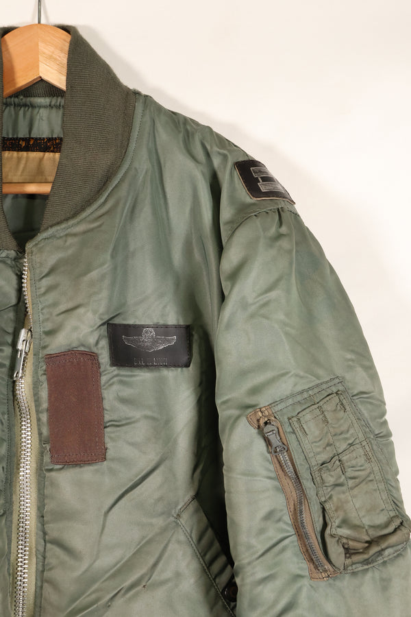 1950s, estimated size 40–42, U.S. Air Force B-15D flight jacket, modified with shearling, includes patches, used