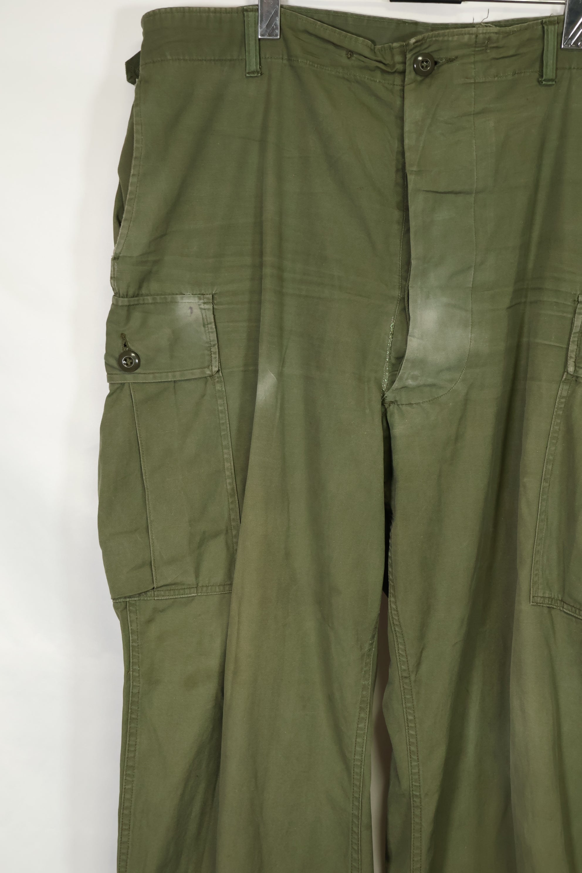 1964 Contract 1st Model Jungle Fatigue Pants, L-R, stained, repaired, used.