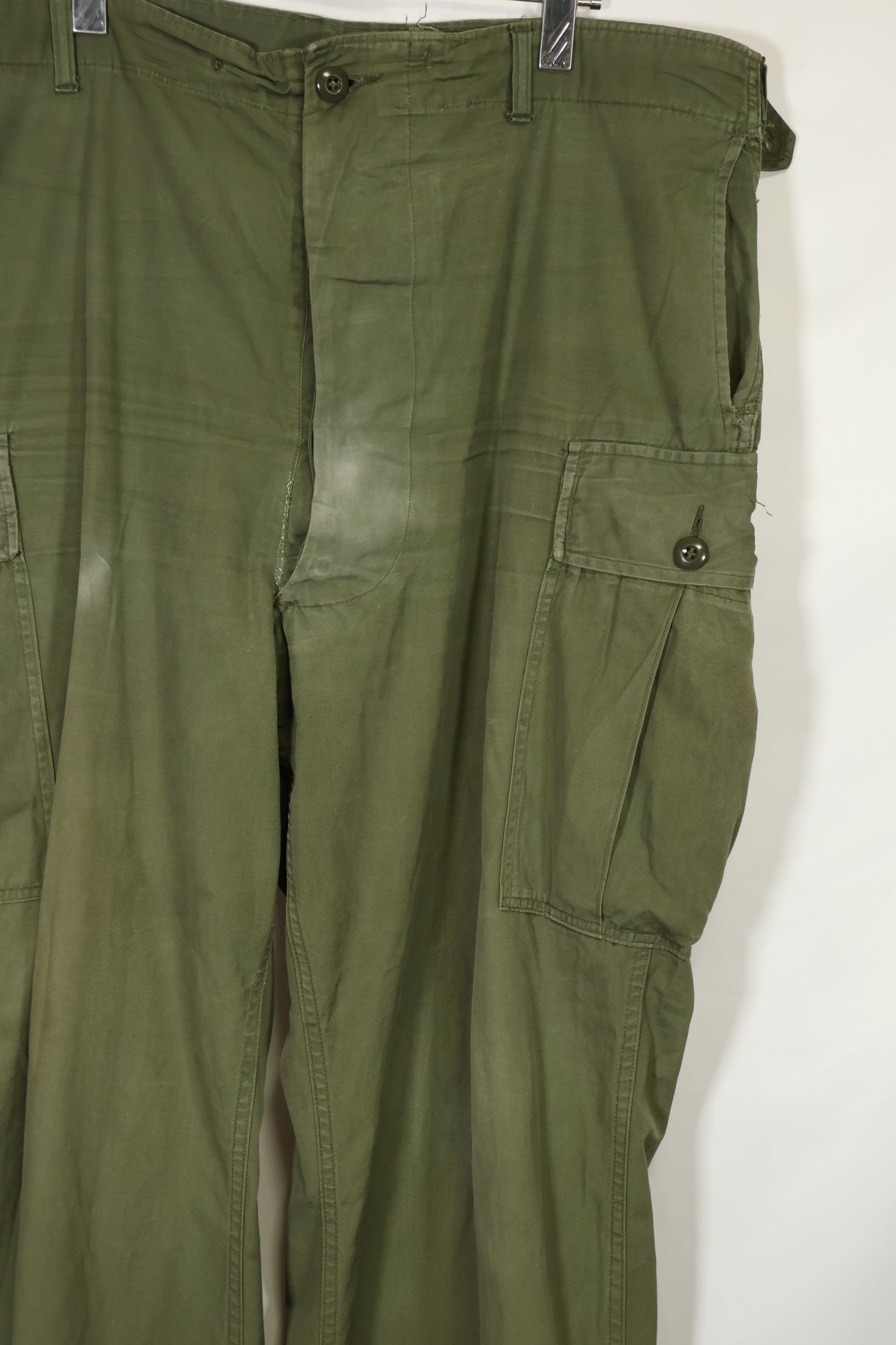 1964 Contract 1st Model Jungle Fatigue Pants, L-R, stained, repaired, used.