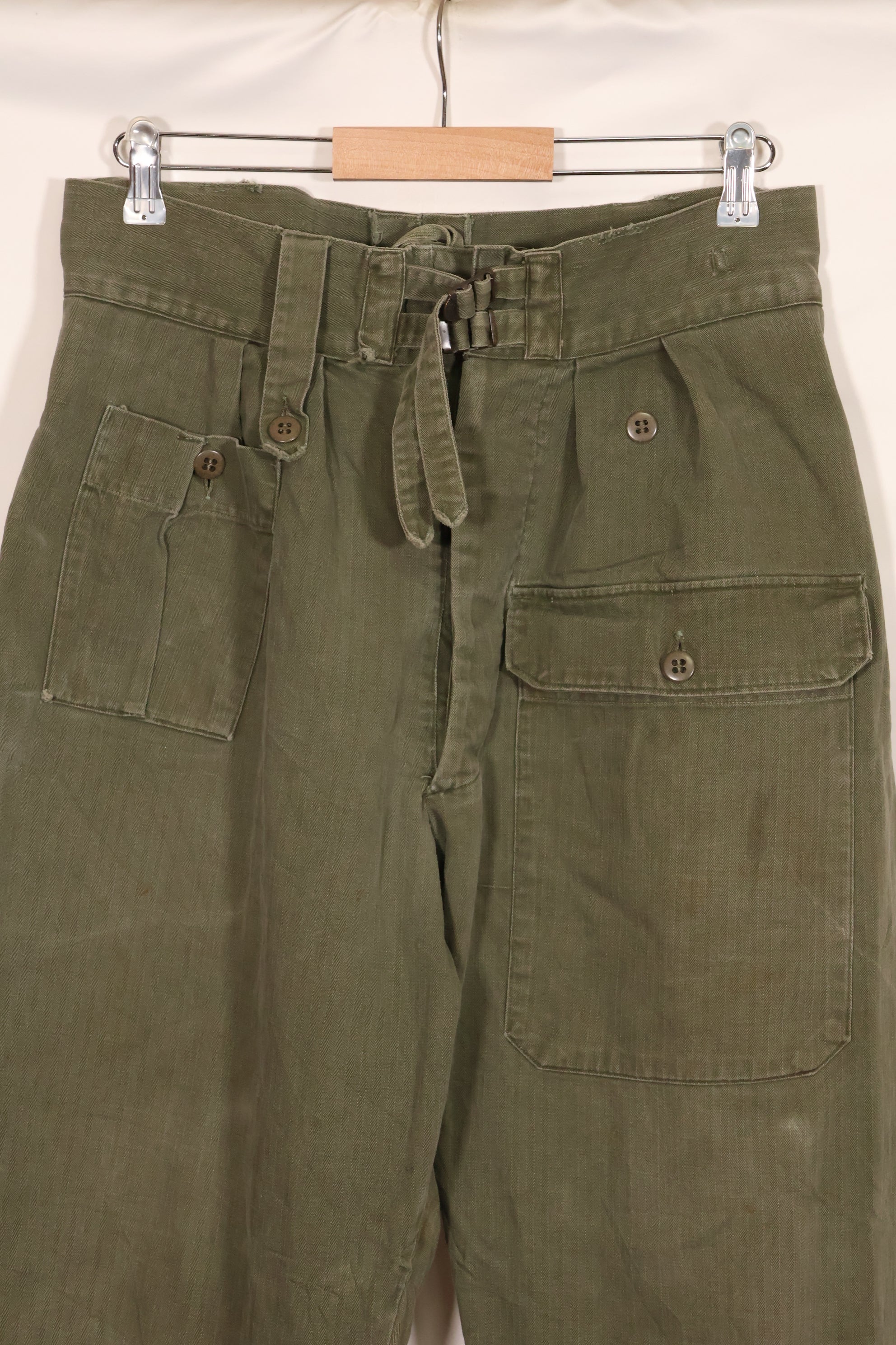 Real 1940s WWII US made British Army HBT jungle trousers, used.