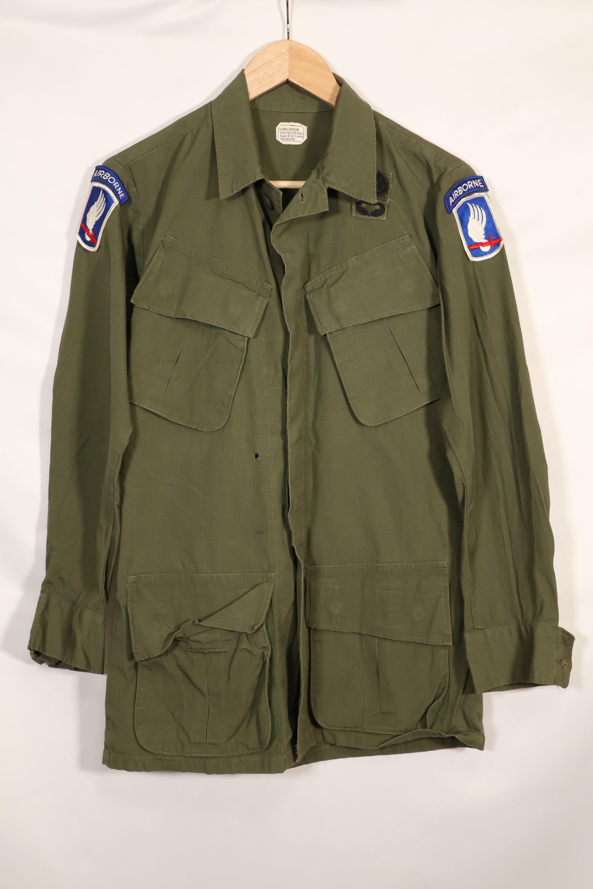 1969 Contract X-S-R 4th Model Jungle Fatigue Jacket 173rd Airborne Brigade, patch available, used.