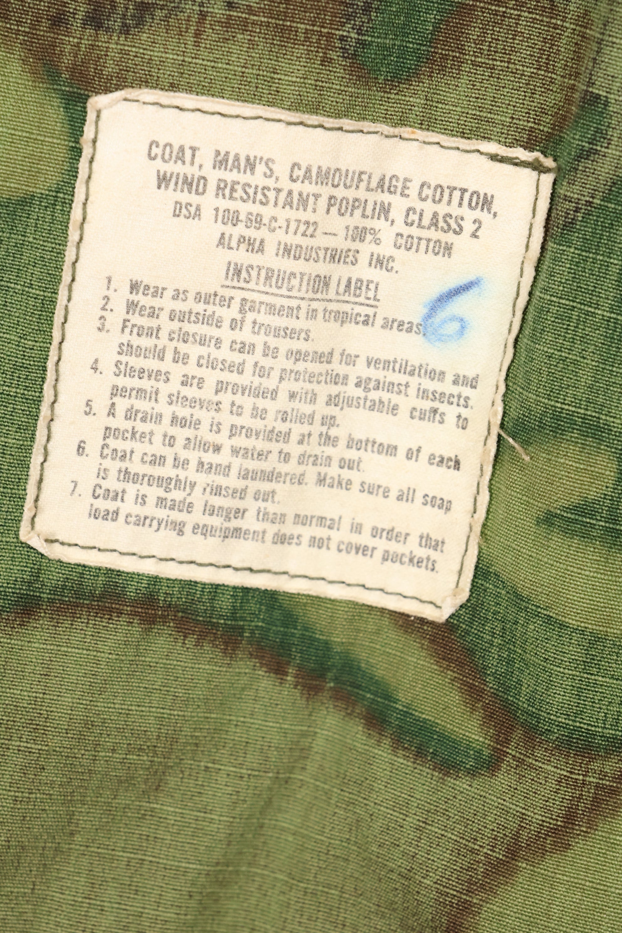 1969 Contract M-S Ripstop ERDL Camouflage Jungle Fatigue Jacket, faded, used, B