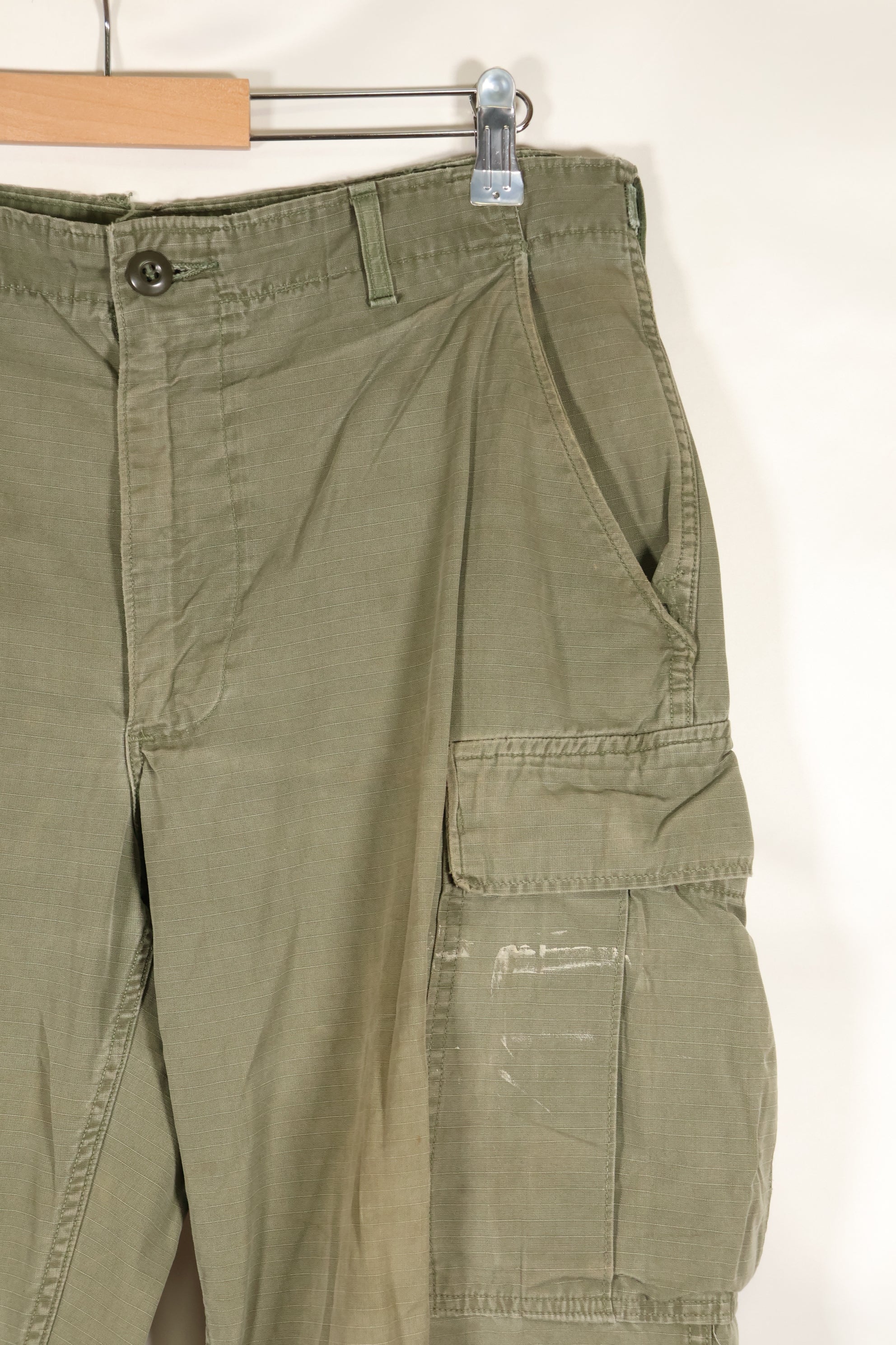 1969 Contract M-R 4th Model Jungle Fatigue Pants, stained, faded, used.