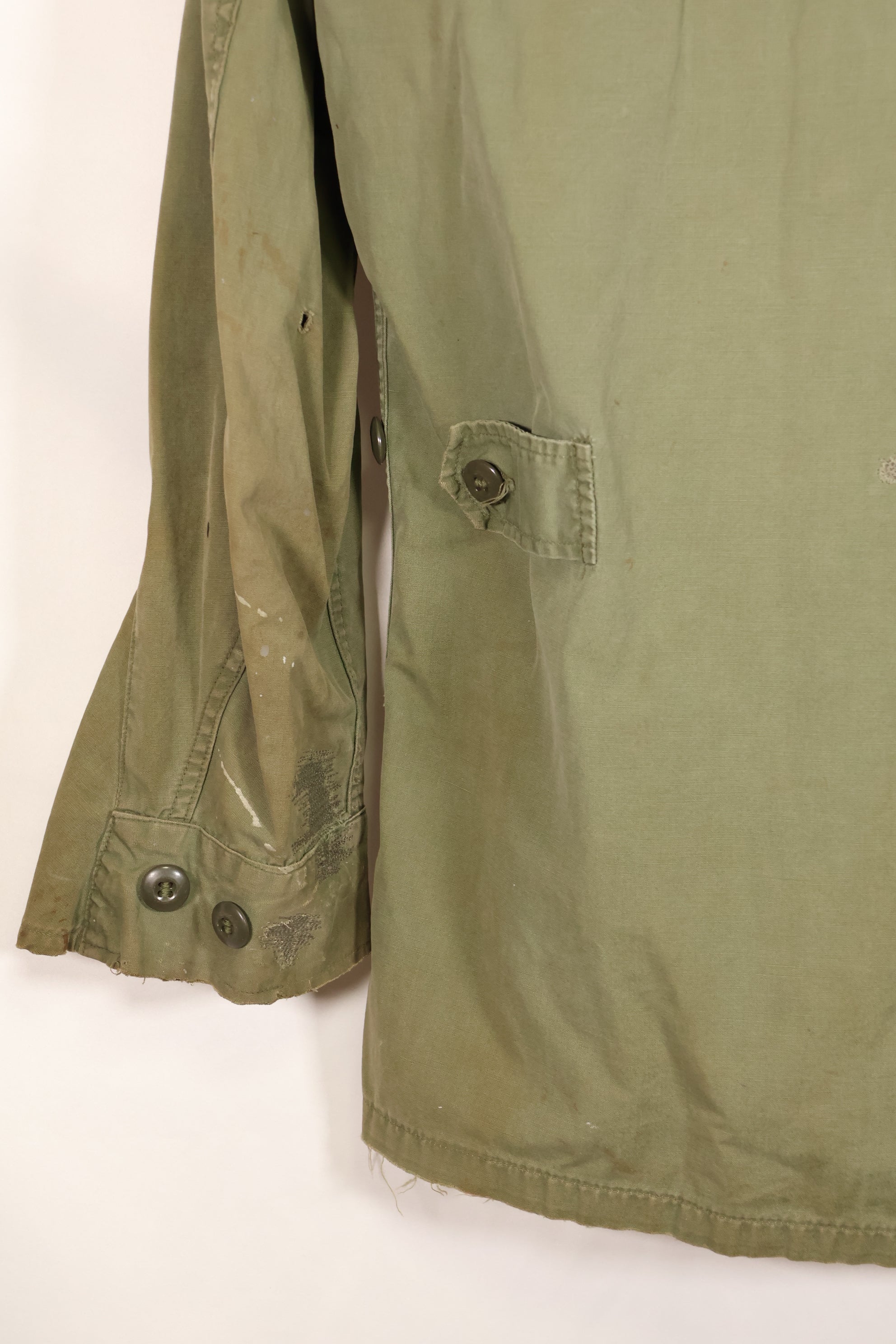 1963 Contract, estimated SMALL 1st Model Jungle Fatigue Jacket, used, stains, scratches.