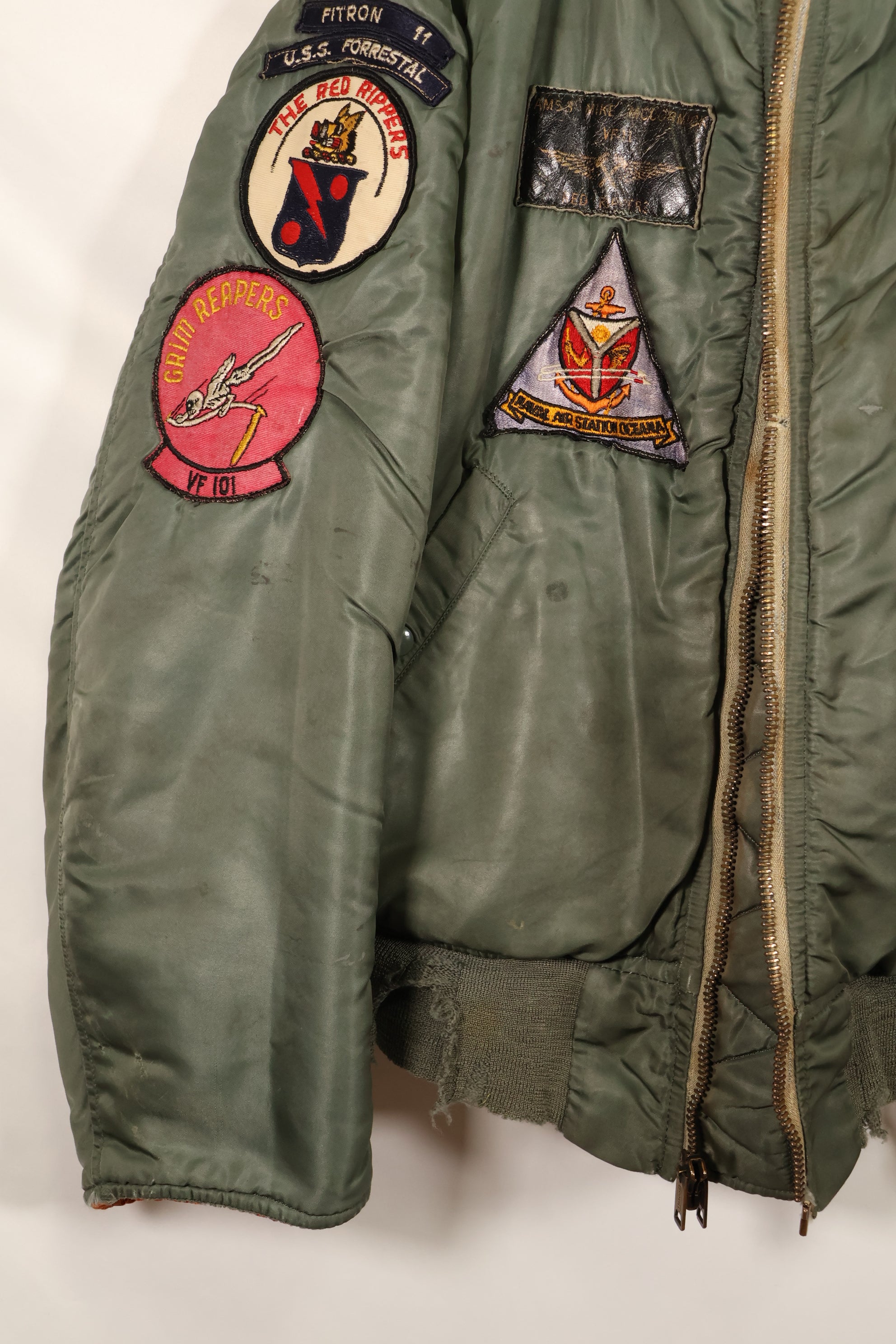 Late 1960's Estimated LARGE US Navy MA-1 Flight Jacket with pilot modifications, used.