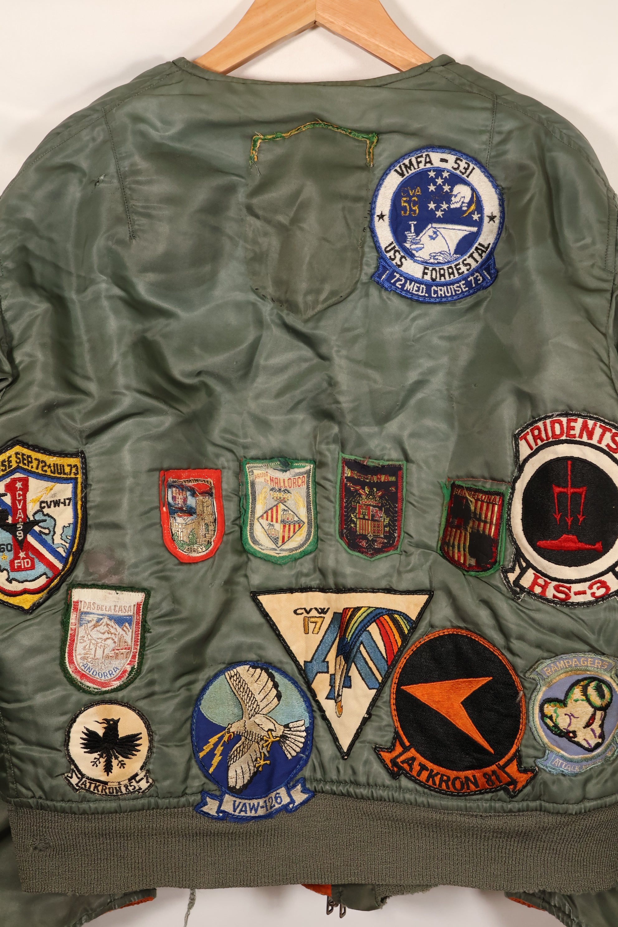 Late 1960's Estimated LARGE US Navy MA-1 Flight Jacket with pilot modifications, used.