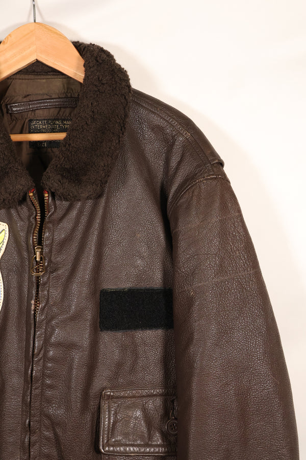 1971 contract size 44 G-1 flight jacket, painted, patches, used.