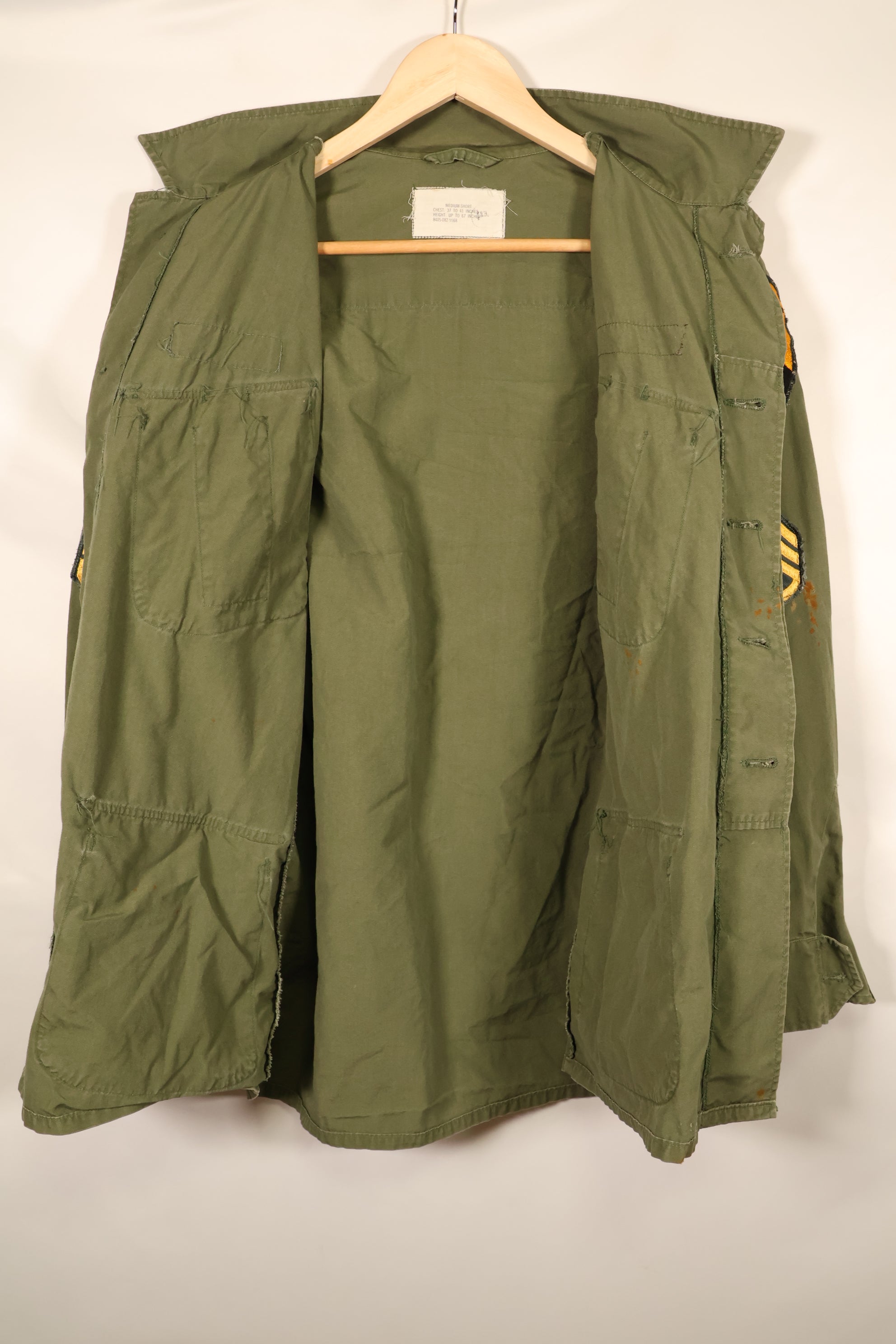 Contract item from around 1967—M-S 3rd Model Jungle Fatigue Jacket with patch (added later)—Used