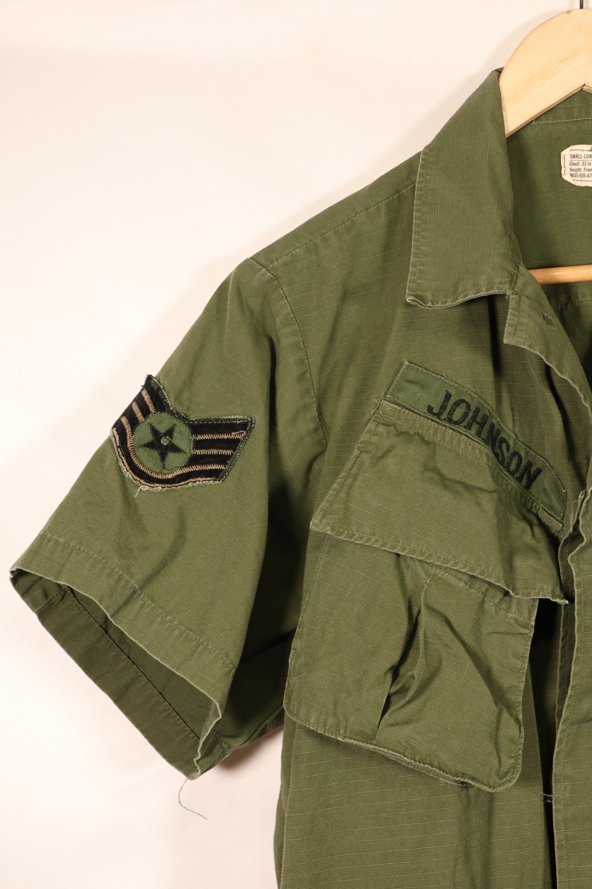 1969 Contract, S-L, Taylor Markings, 4th Model Jungle Fatigue Jacket, USAF, Short-Sleeve Custom, Used