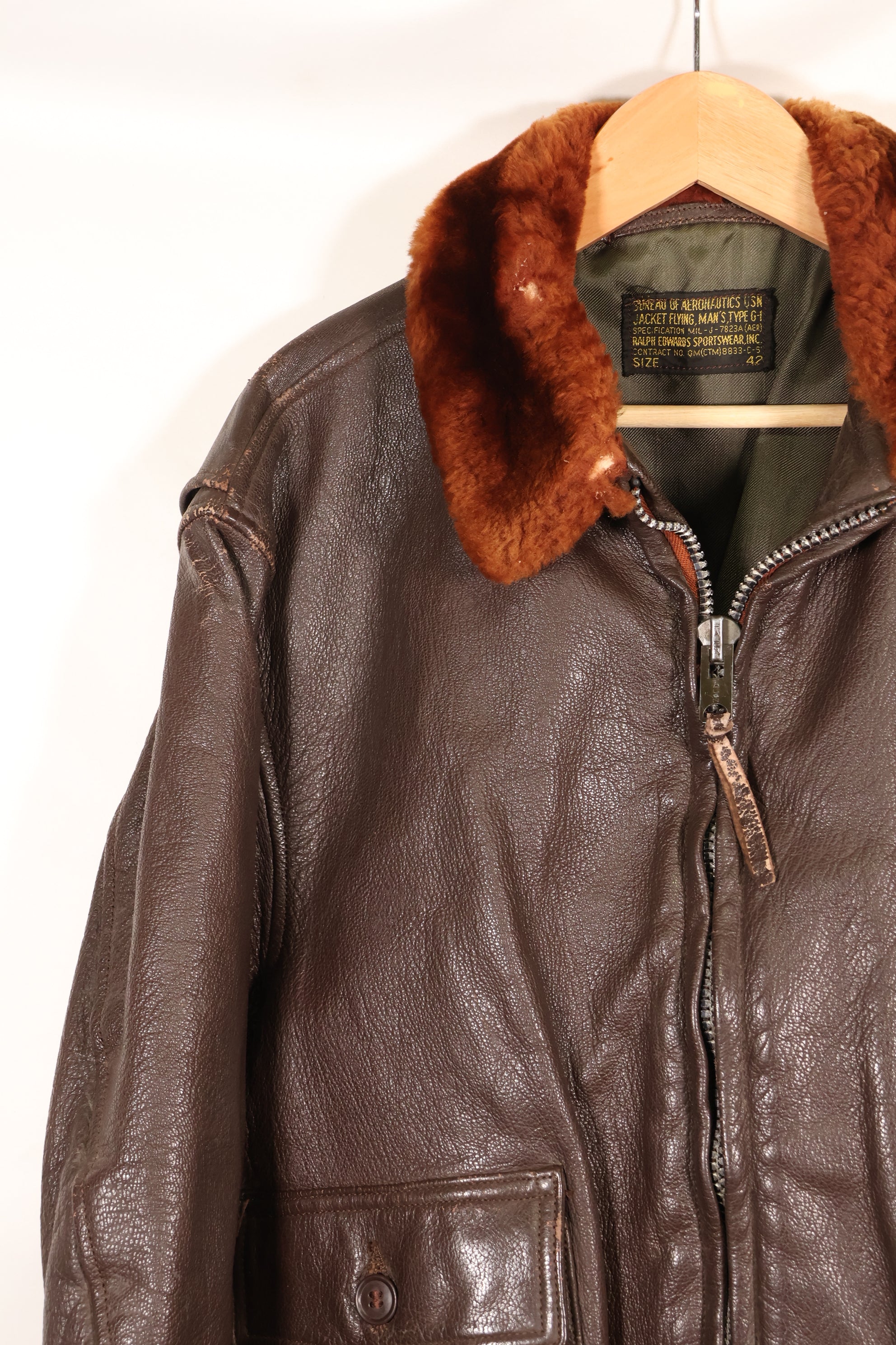 Early 1960s lot size 42 G-1 intermediates zone flight jacket, used.