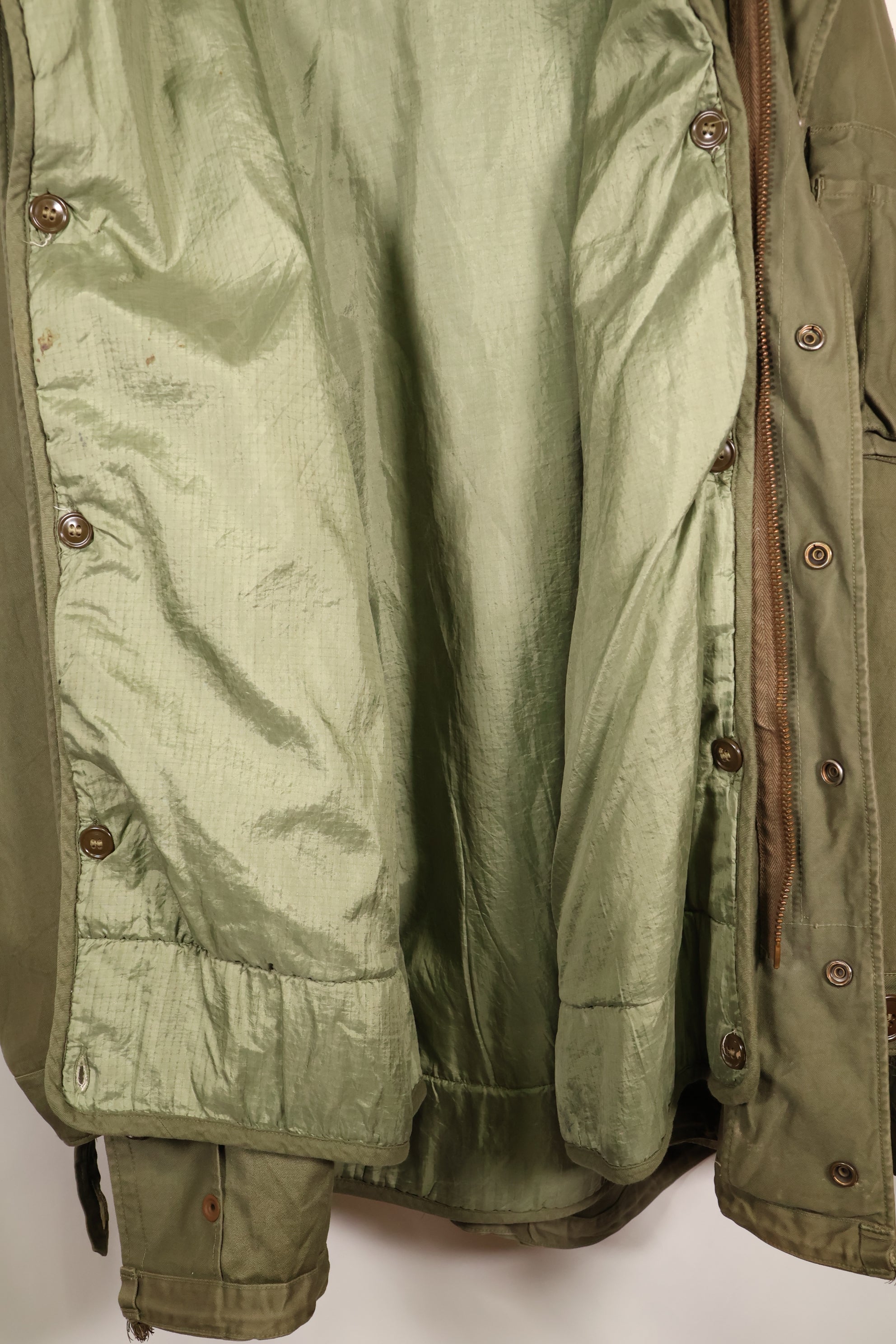 Late 1940's L size US Army M-48 Field Parka with repairs, used movie company costume.