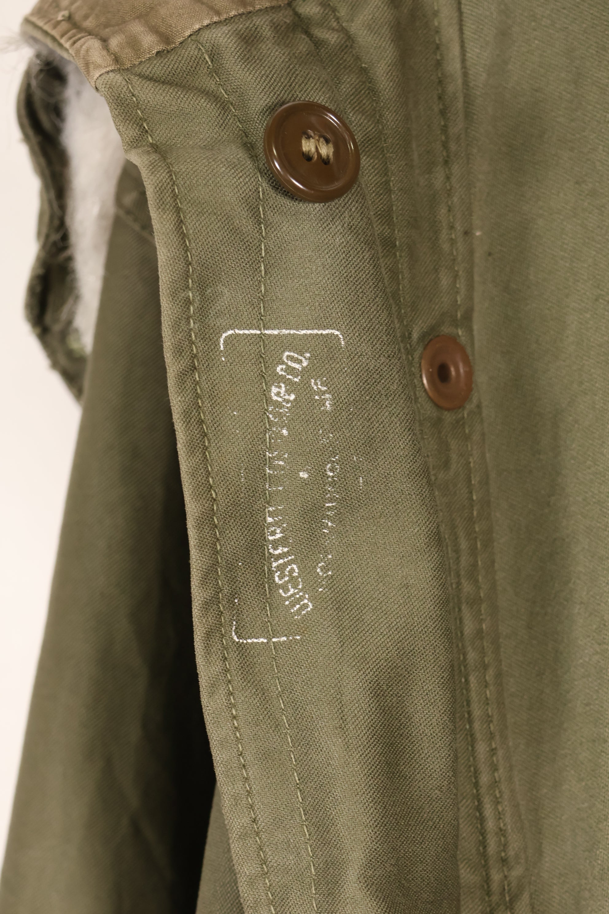 Late 1940's L size US Army M-48 Field Parka with repairs, used movie company costume.