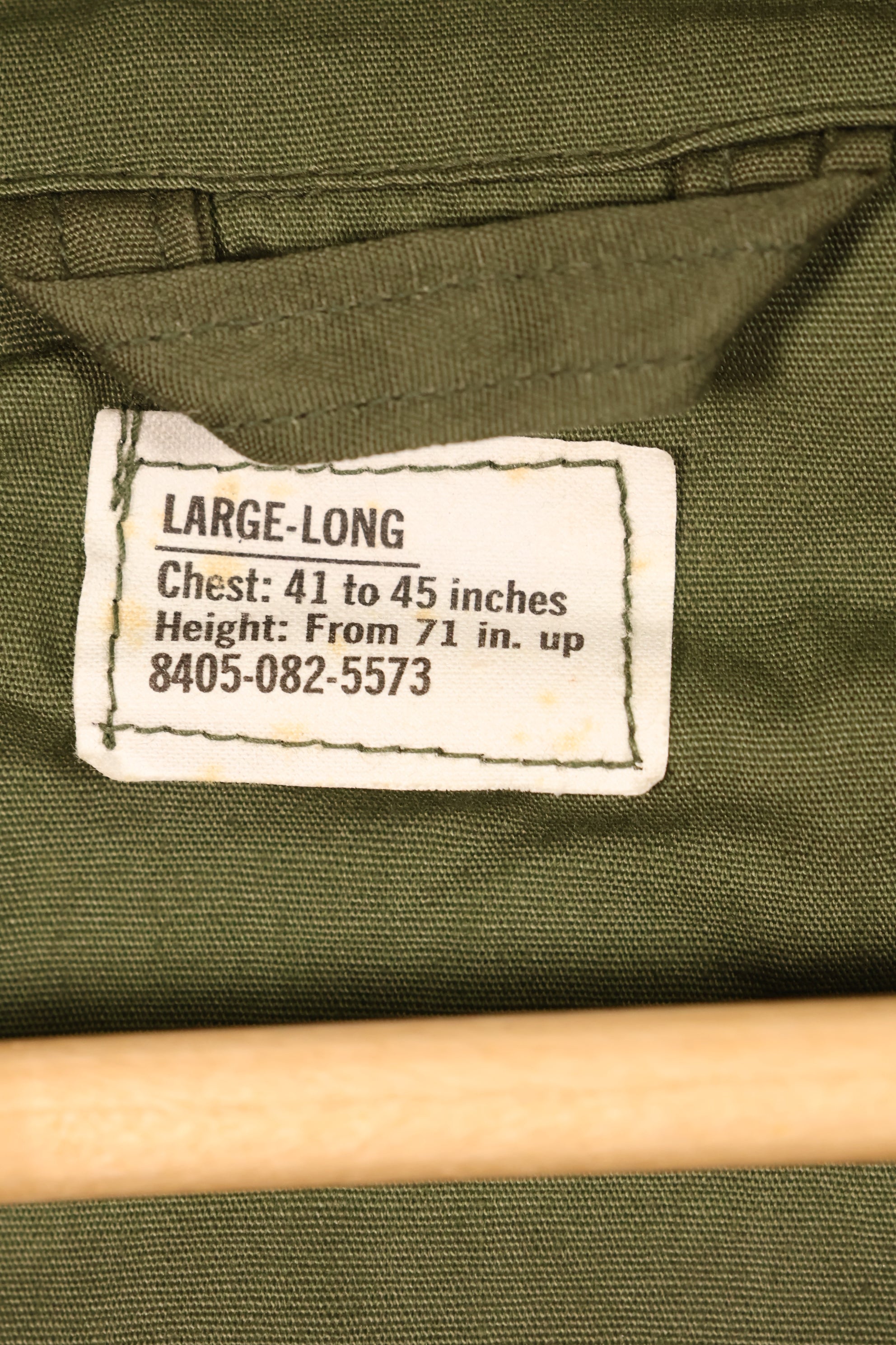 1967 Contract, L-L, Virtually Unused, 3rd Model Jungle Fatigue Jacket, Stains on the Back, Used