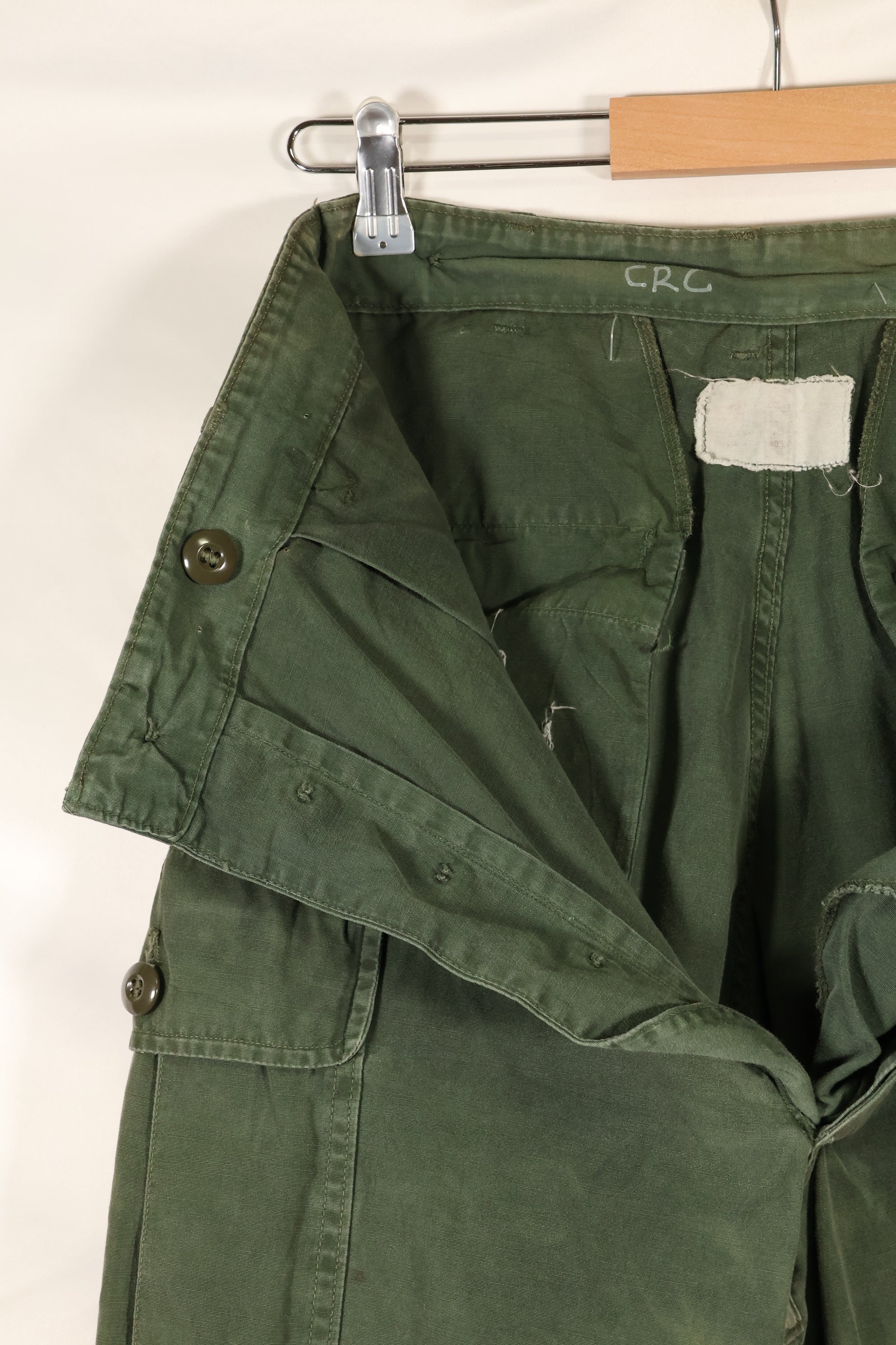 1963 contract, estimated S-L 1st Model Jungle Fatigue pants, dyed, CRC release, faded, used.