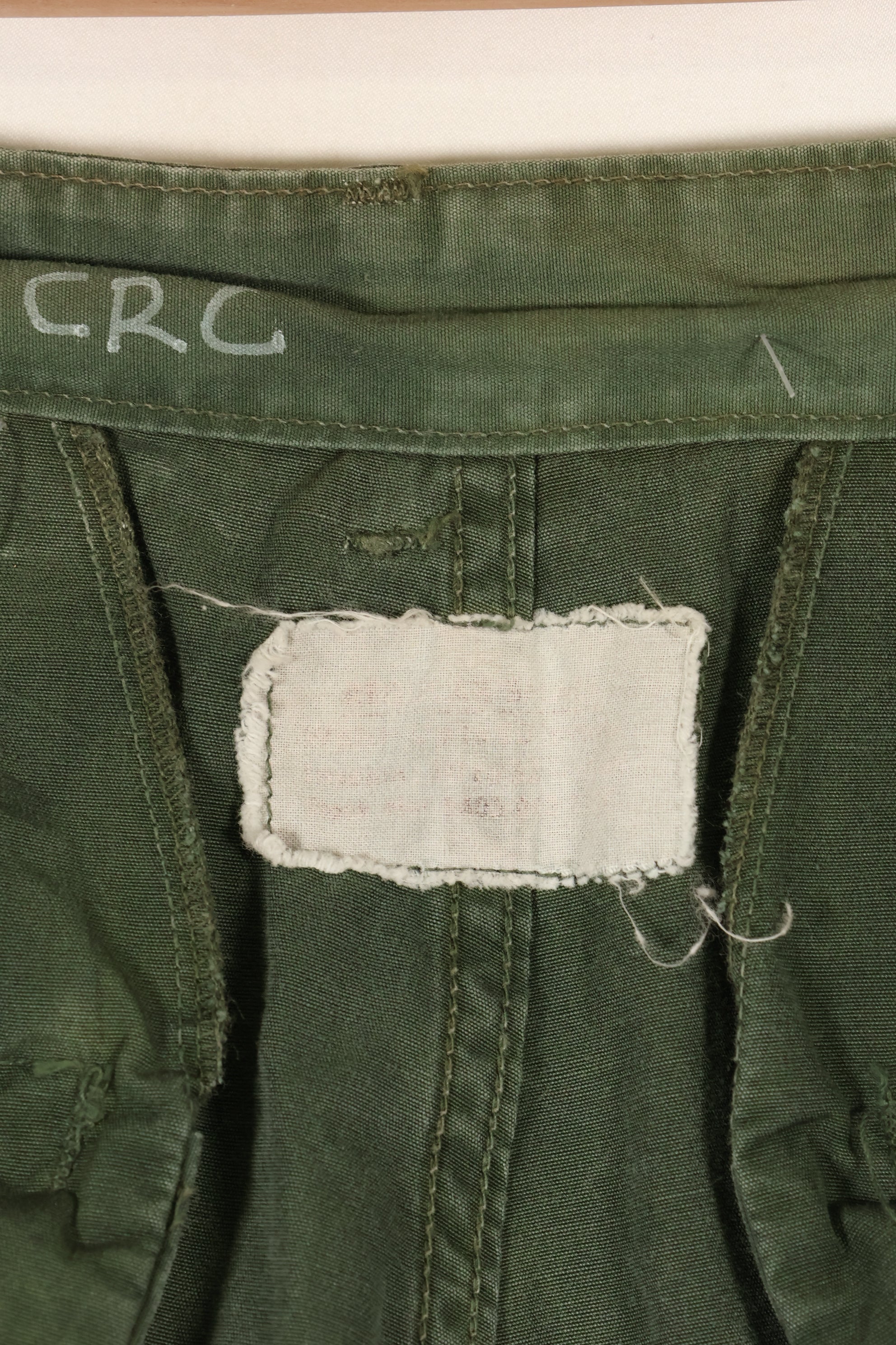 1963 contract, estimated S-L 1st Model Jungle Fatigue pants, dyed, CRC release, faded, used.