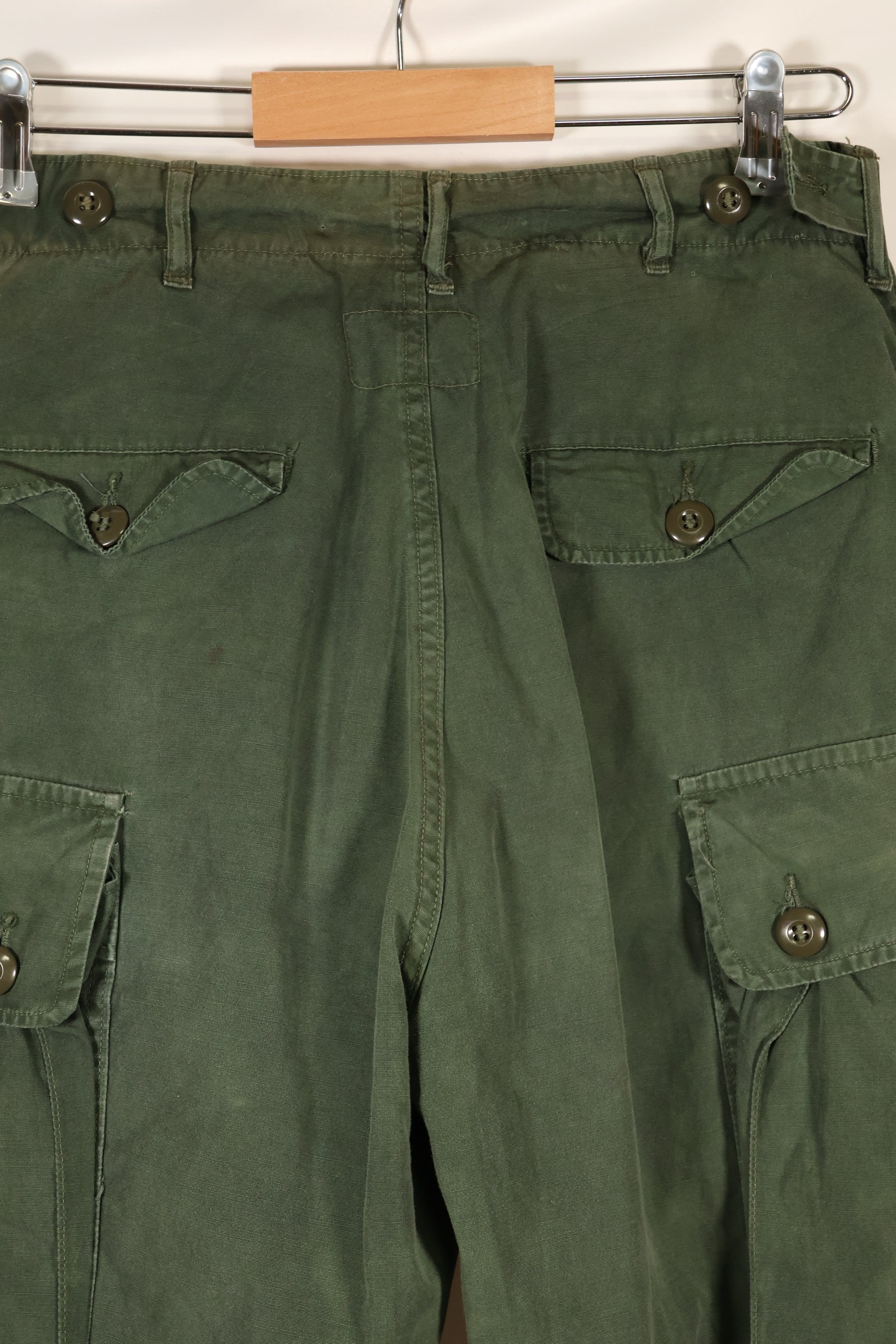 1963 contract, estimated S-L 1st Model Jungle Fatigue pants, dyed, CRC release, faded, used.