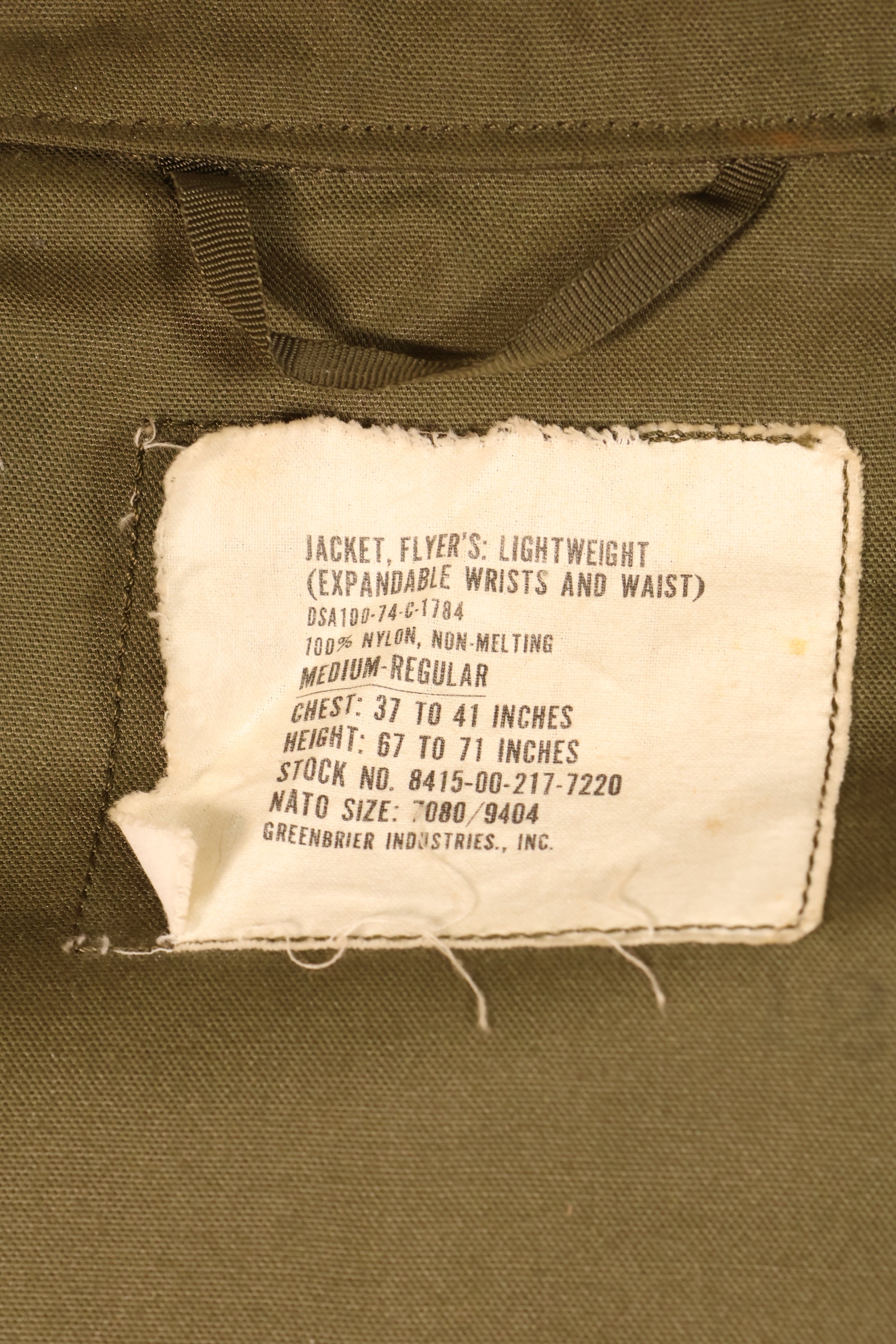 1974 Contract, M-R, U.S. Army, Pilot, Lightweight Jacket, Flight Jacket, Used