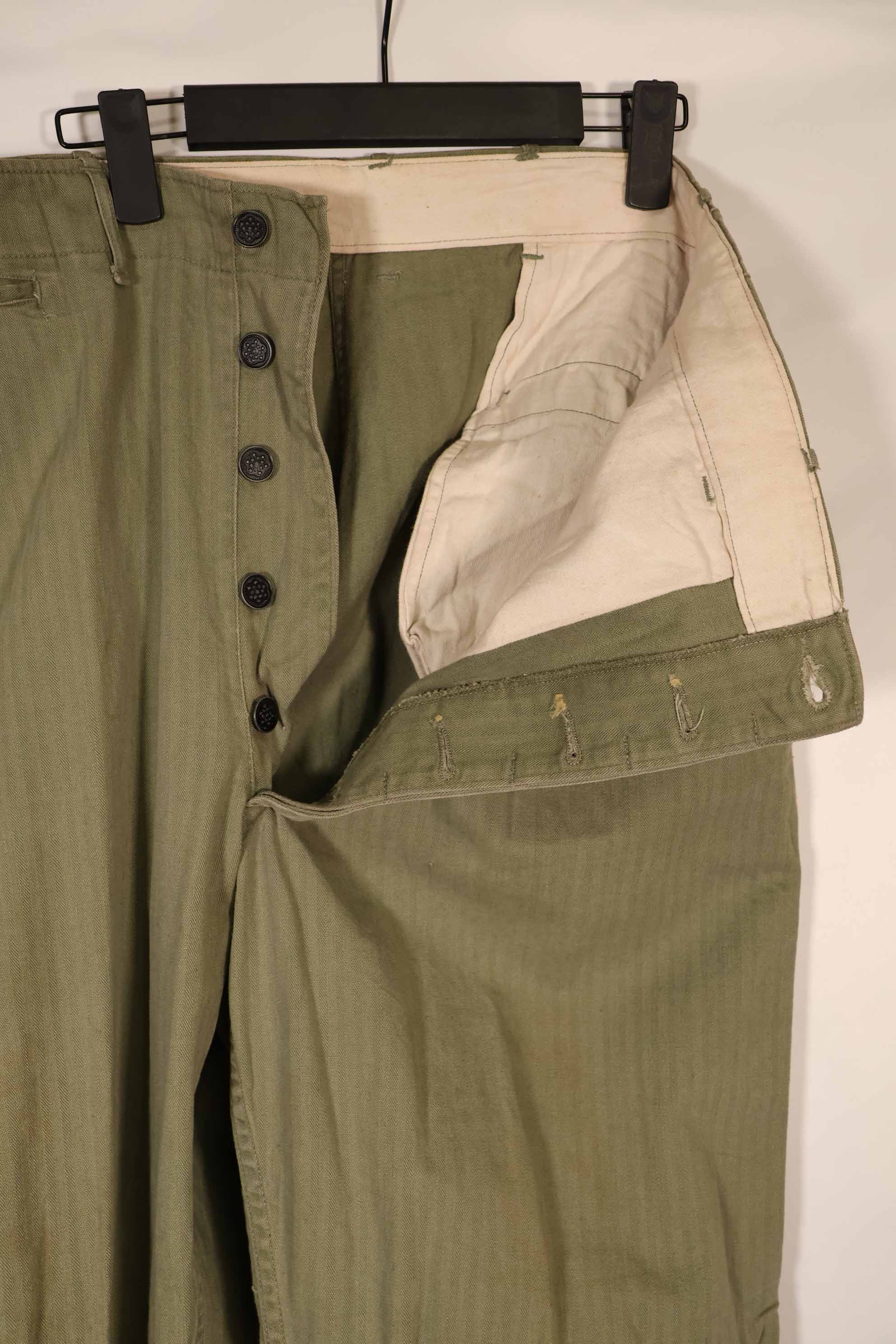 Real 1940s US Army HBT OD Utility Pants, used, large size.