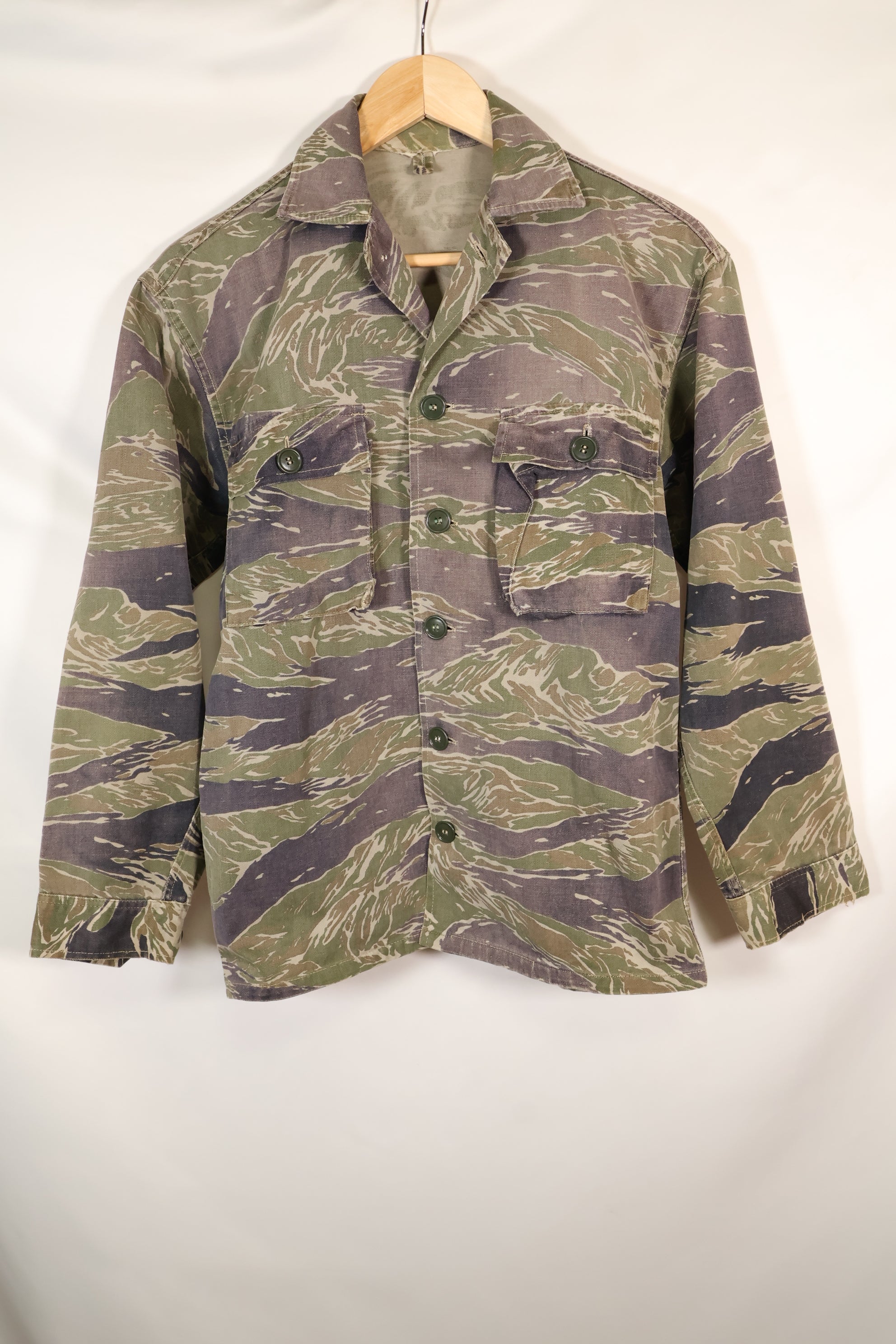 Mid-1960s Japanese Silver Tiger Asian Cut shirt with faded tiger stripes, used.