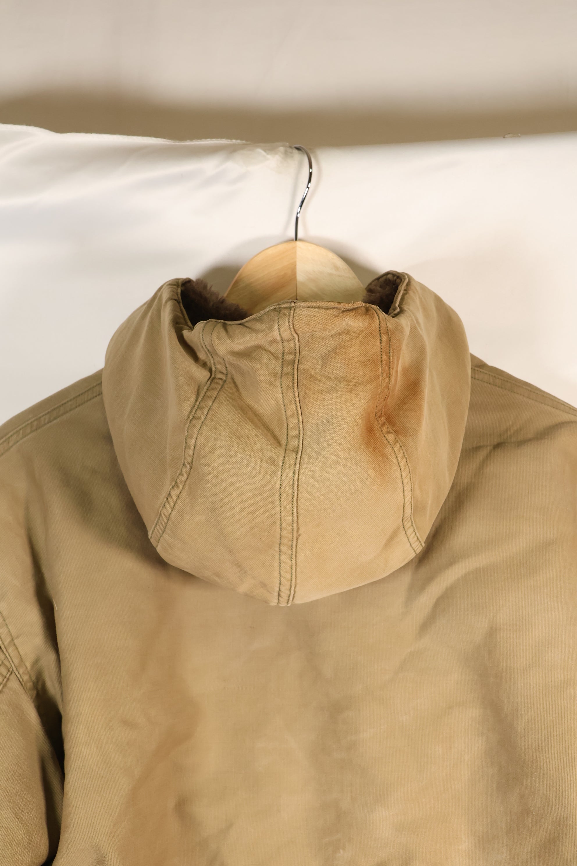 1940s WWII US Navy N-1 deck coat parka, faded, no stencil, used.