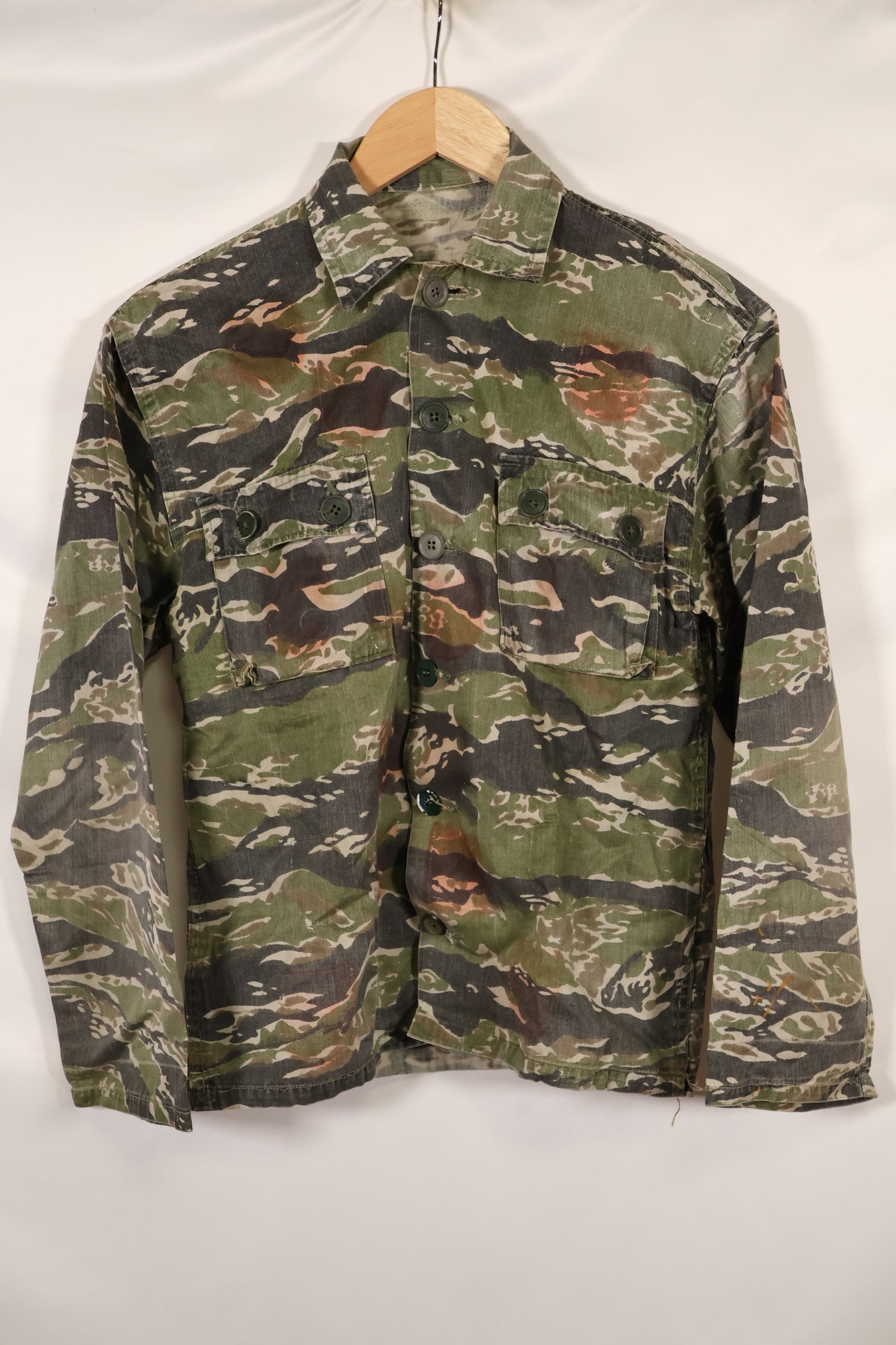 1960s Tiger stripe shirt, CIDG pattern, faded, stained, used.