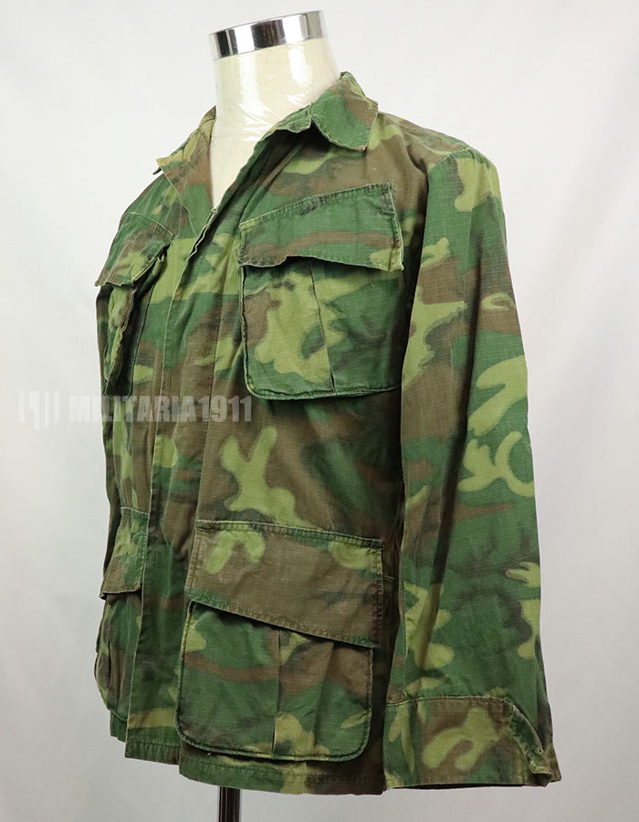 Original U.S. Army ERDL Jungle Fatigue Ripstop fabric, 1969, stained. Strong feeling of use
