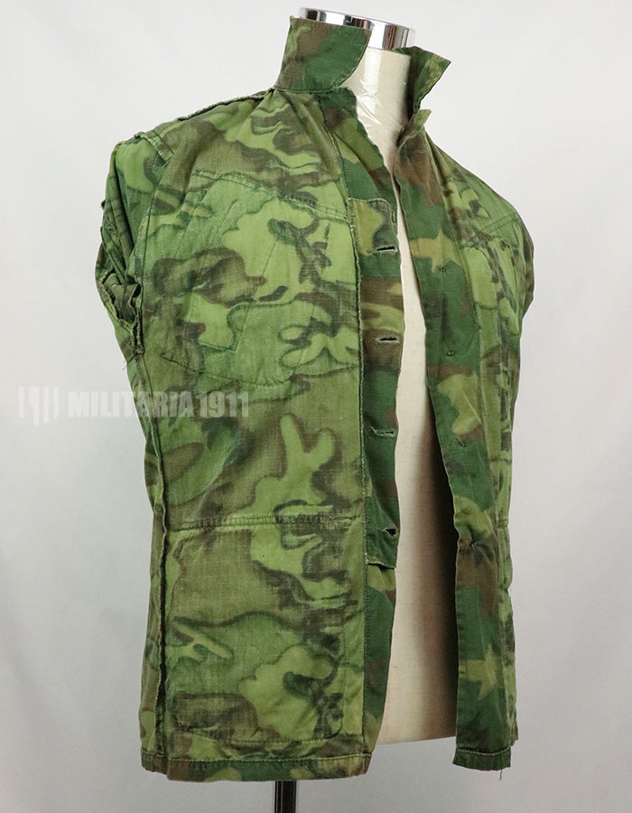 Original U.S. Army ERDL Jungle Fatigue Ripstop fabric, 1969, stained. Strong feeling of use