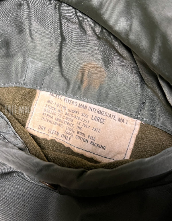 Real 1973 Treasurer USAF MA-1 Flight Jacket size LARGE, patch marks, used.