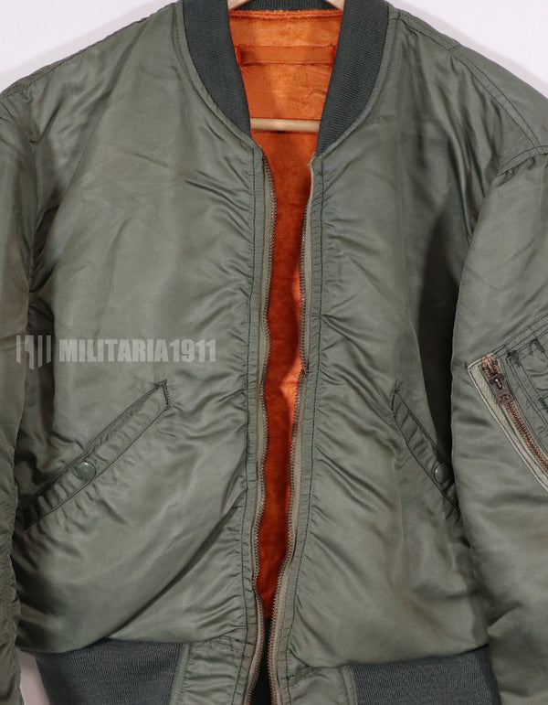 Real 1965 USAF L-2B flight jacket, knit restored, zipper damaged.