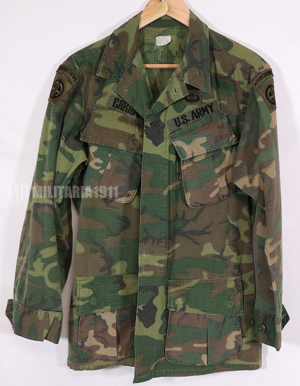 Real 1969 U.S. Army ERDL ripstop fabric camouflage jacket with patches (retrofitted)