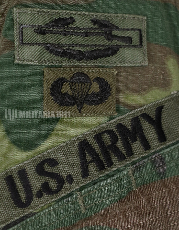 Real 1969 U.S. Army ERDL ripstop fabric camouflage jacket with patches (retrofitted)