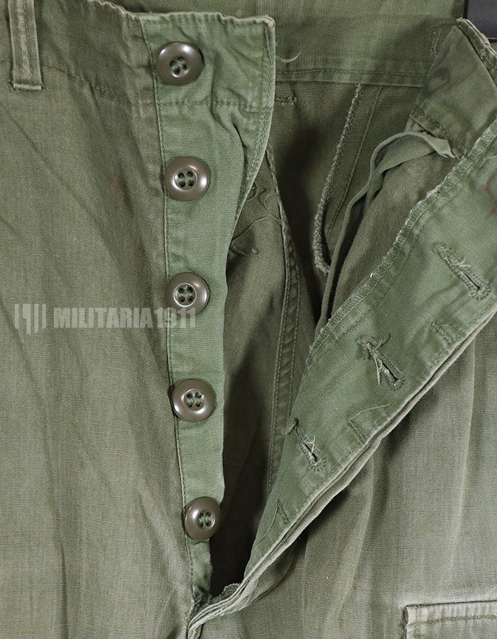 Real poplin fabric Jungle Fatigues pants, stained, used.